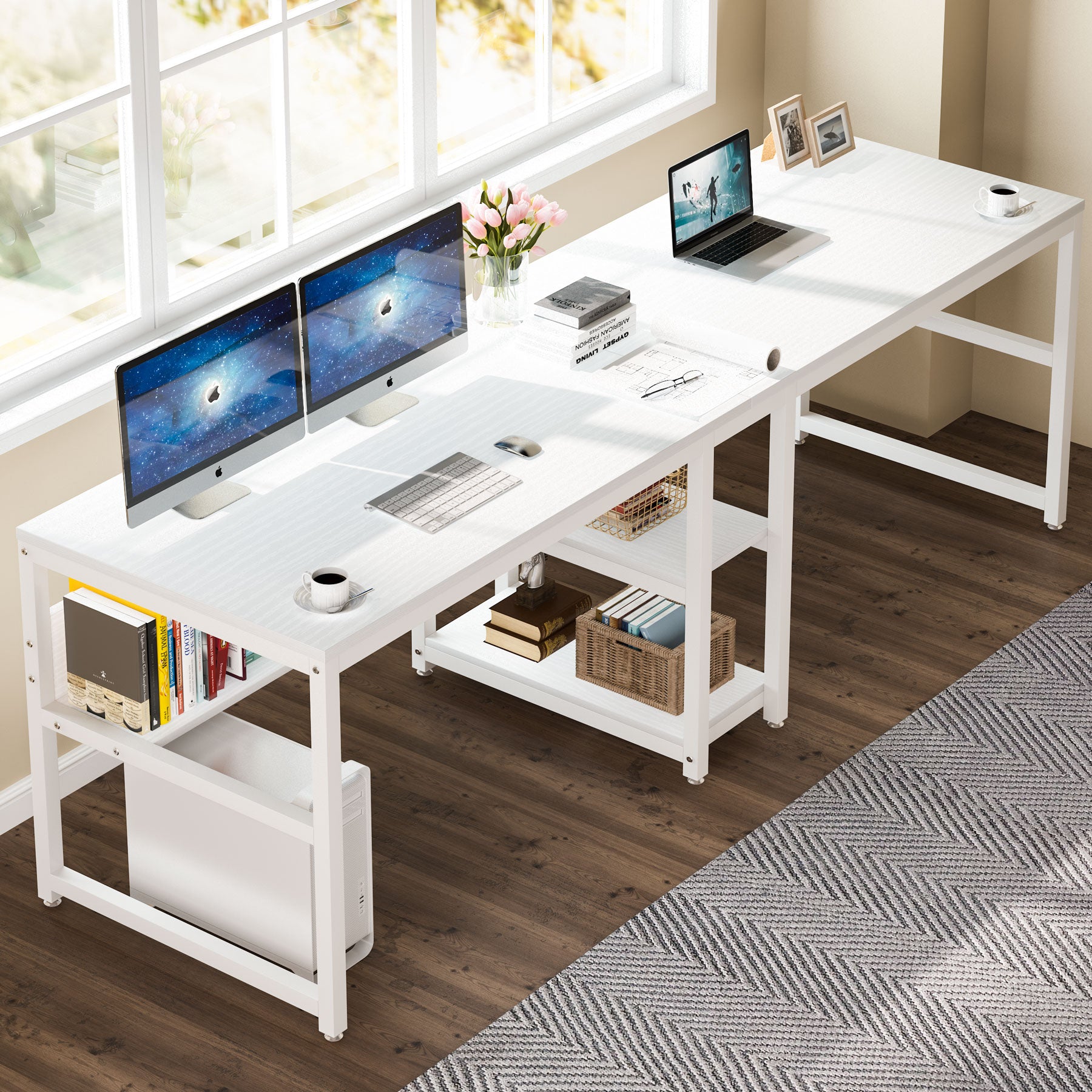 200 cm Zwei-Personen-Schreibtisch, Computertisch, Doppelarbeitsplatz mit Regalen