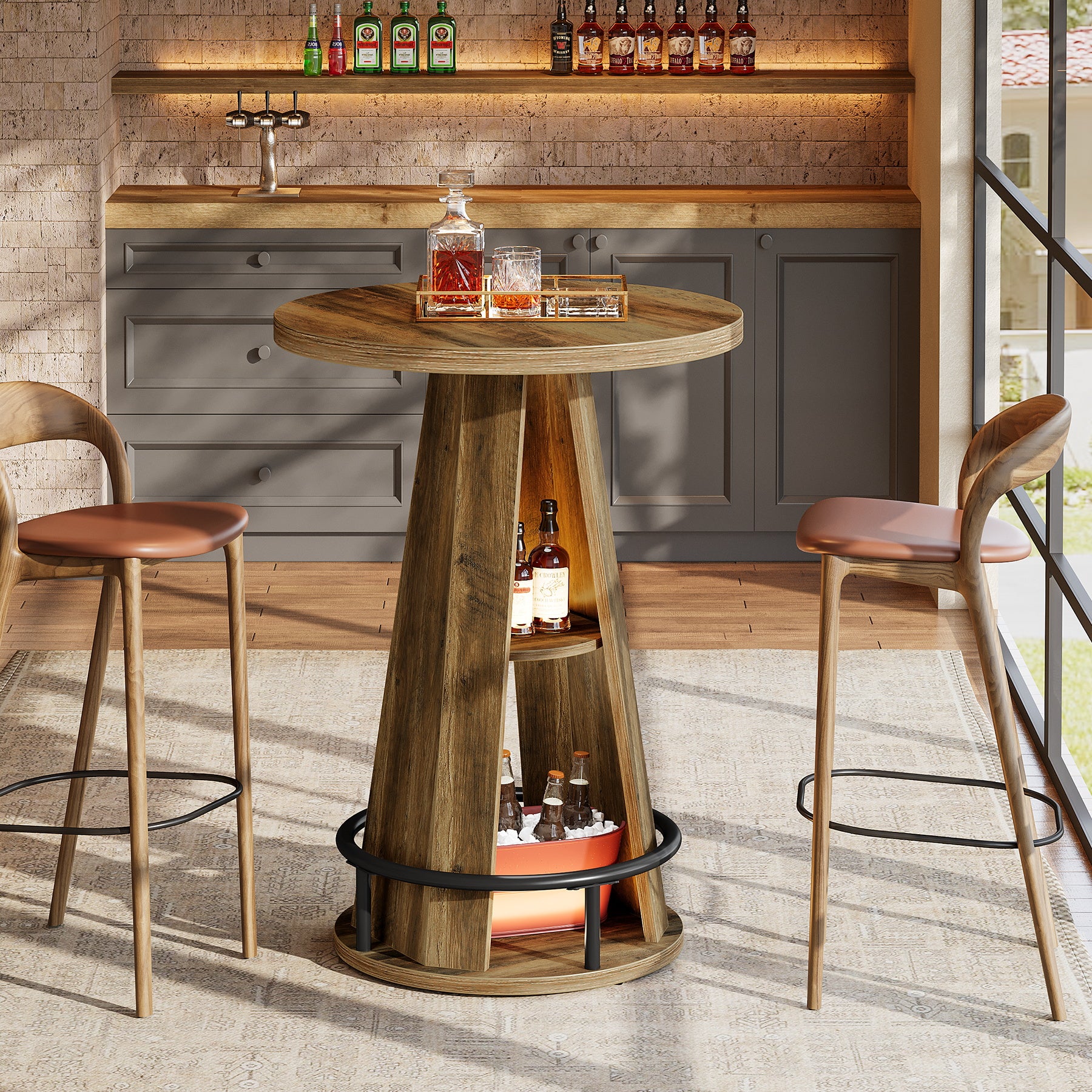 Tribesigns Runder Bartisch 100 cm, Bistrotisch mit 3 Ablagen & Fußstütze, Industrial Stehtisch für Küche & Wohnzimmer