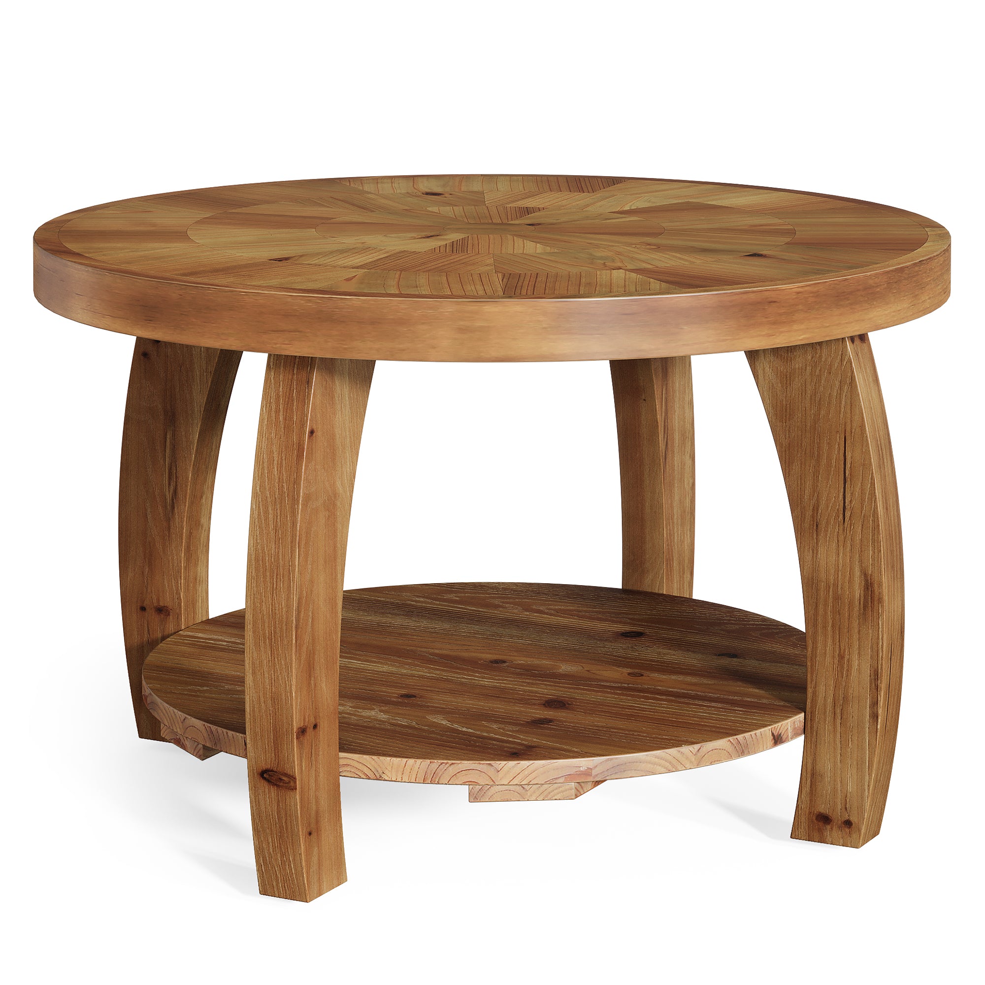 Tribesigns 80 cm runder Couchtisch aus Massivholz, 2-stöckiger Beistelltisch mit Mosaikmuster und unterem Ablageboden