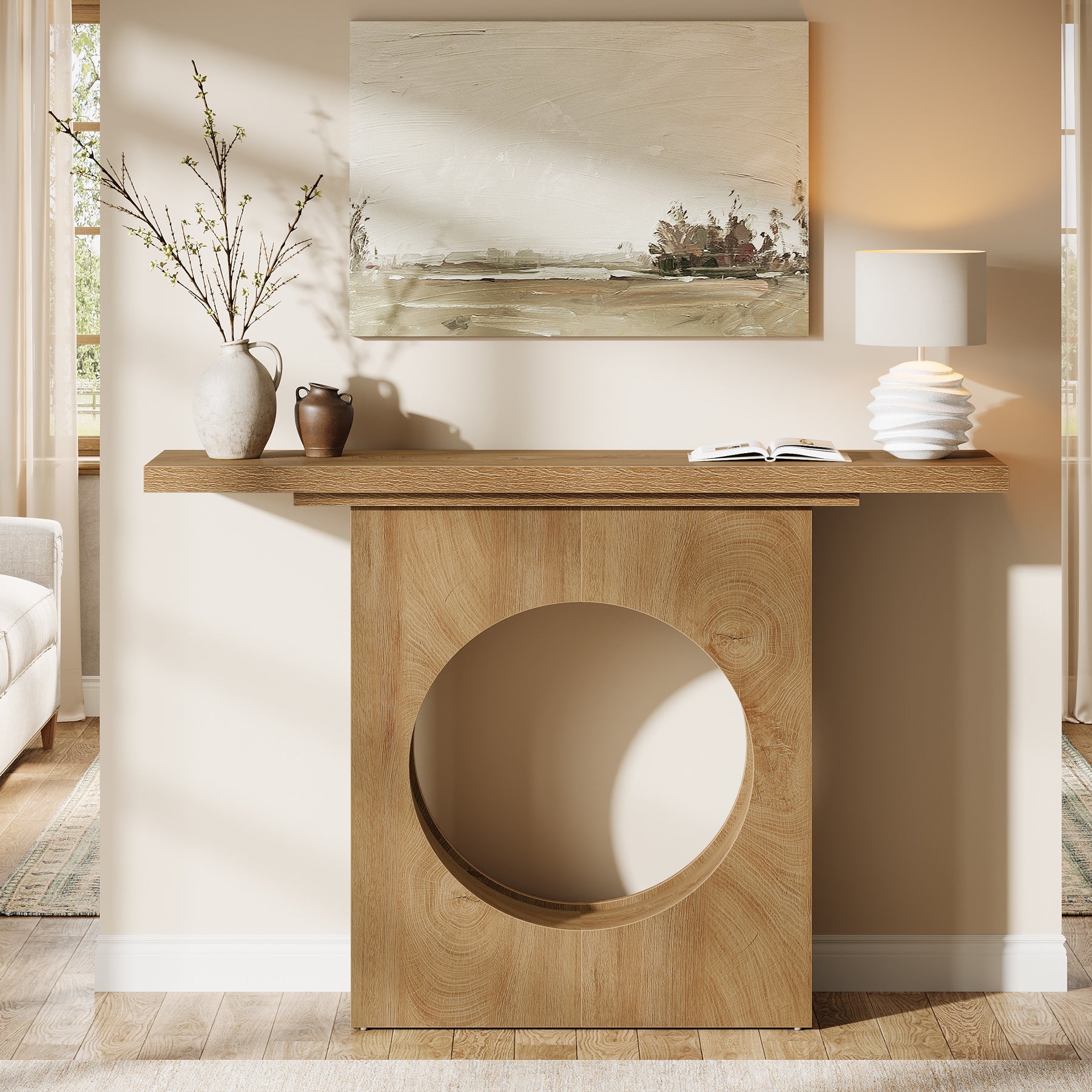 Tribesigns Schmaler Konsolentisch 105 cm, moderner Flurtisch in Holzoptik mit rundem Design-Ausschnitt