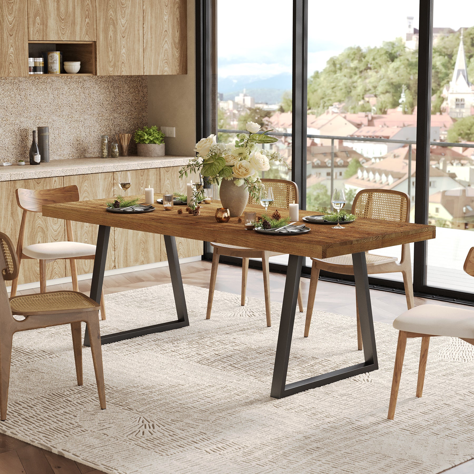 Industrieller Esstisch für 4–6 Personen, 160 cm rechteckiger Massivholz-Küchentisch mit Metallbeinen