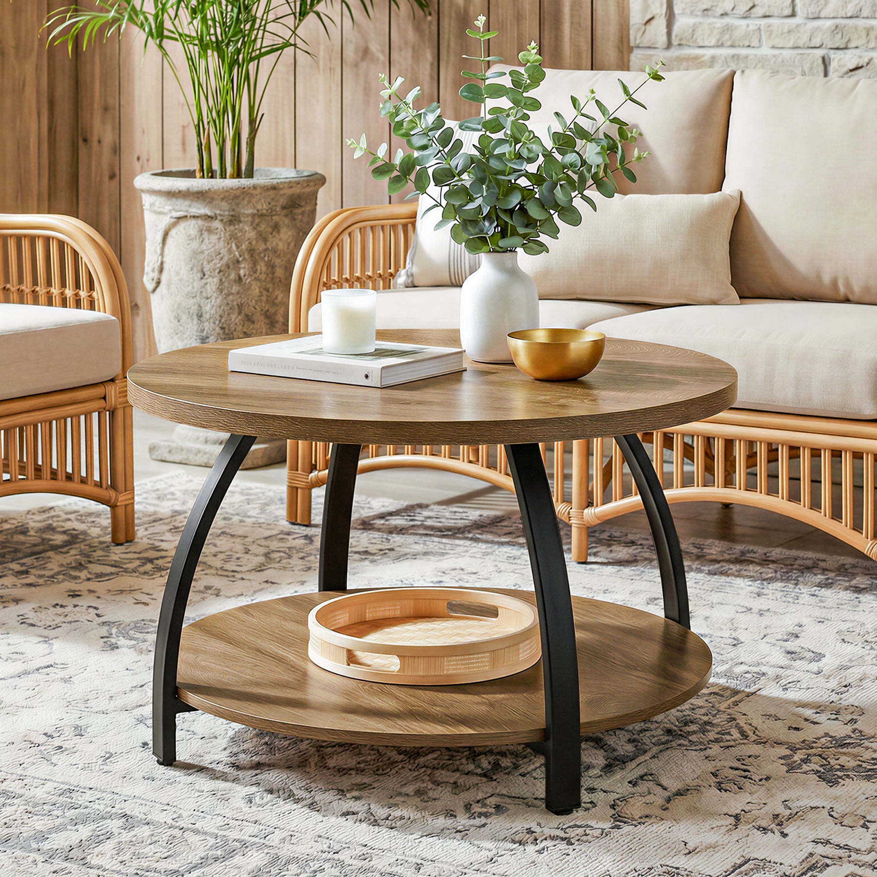 Tribesigns Runder Couchtisch 80 cm mit 2 Ablagen, Kleiner Sofatisch im Industrial Stil mit Metallbeinen
