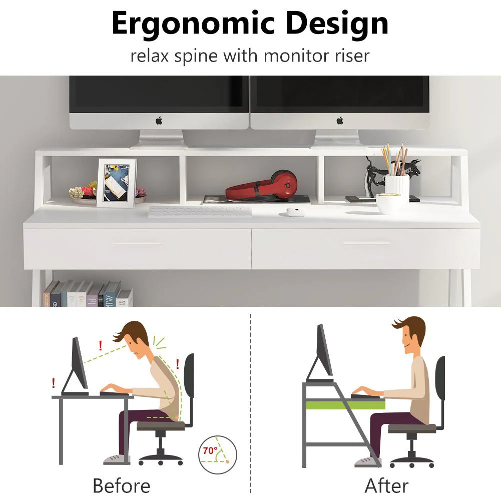 Weißer Computertisch, 120 cm Schreibtisch mit Ablage und Schubladen