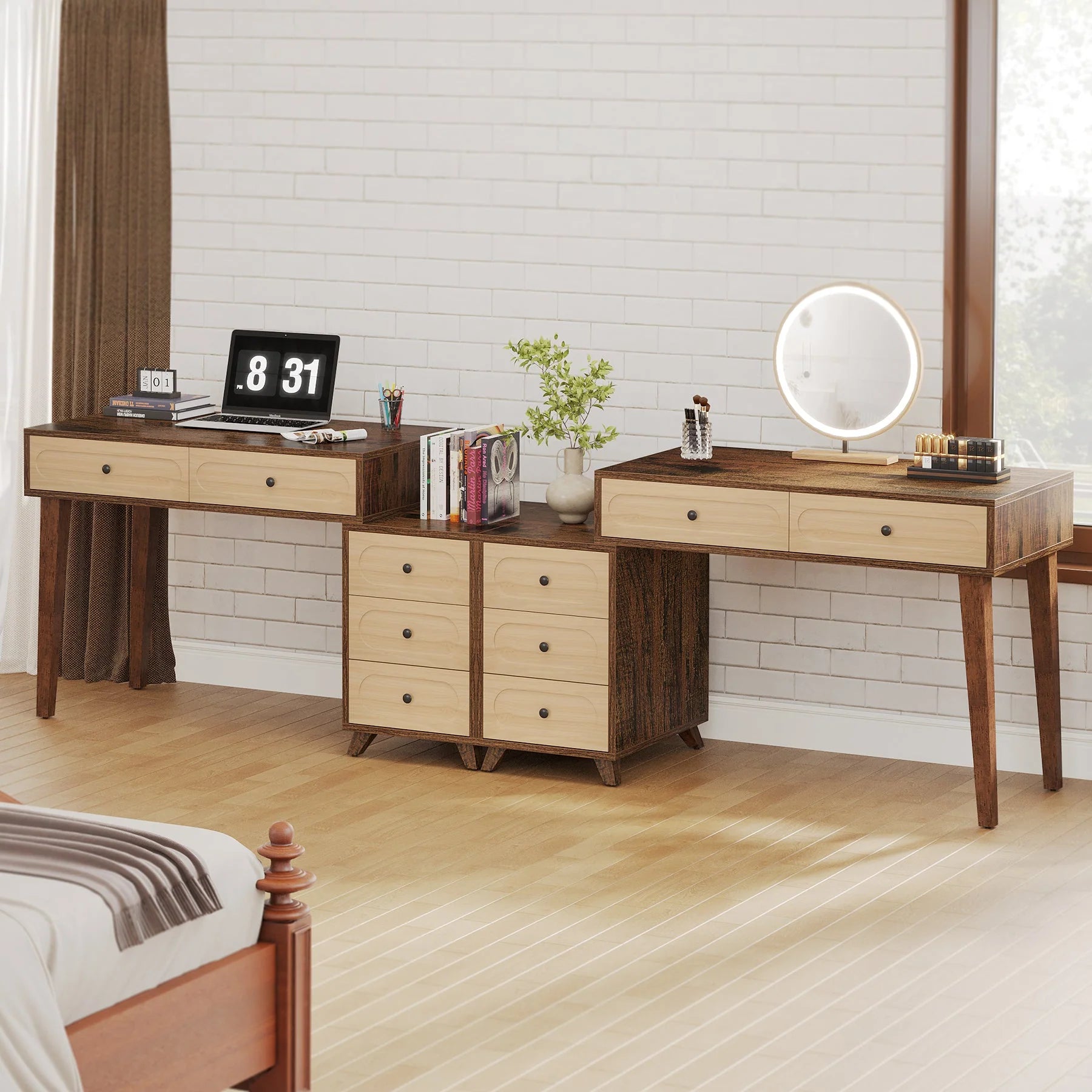 135 cm Schreibtisch mit umkehrbarem Schubladenschrank und 5 Schubladen