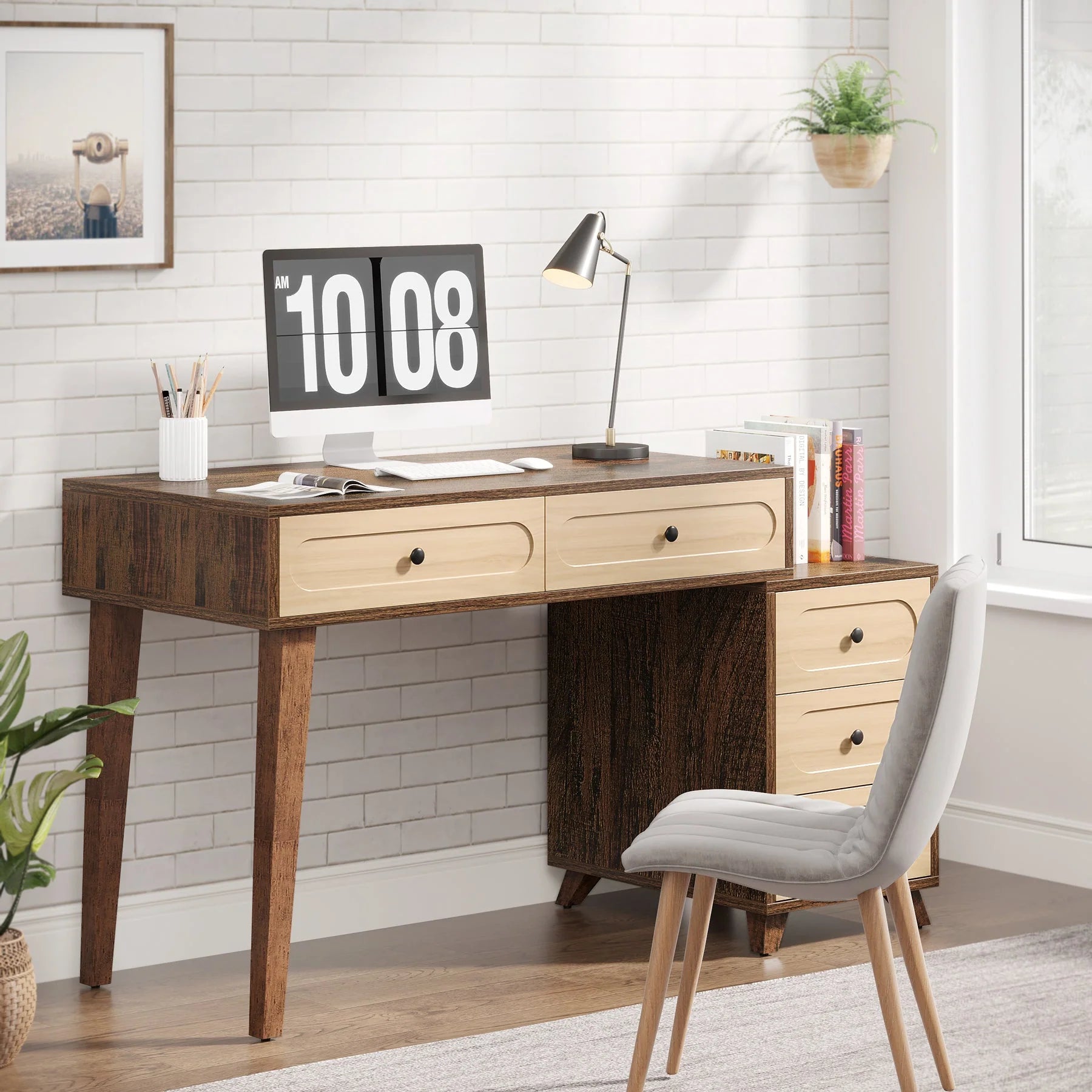 135 cm Schreibtisch mit umkehrbarem Schubladenschrank und 5 Schubladen
