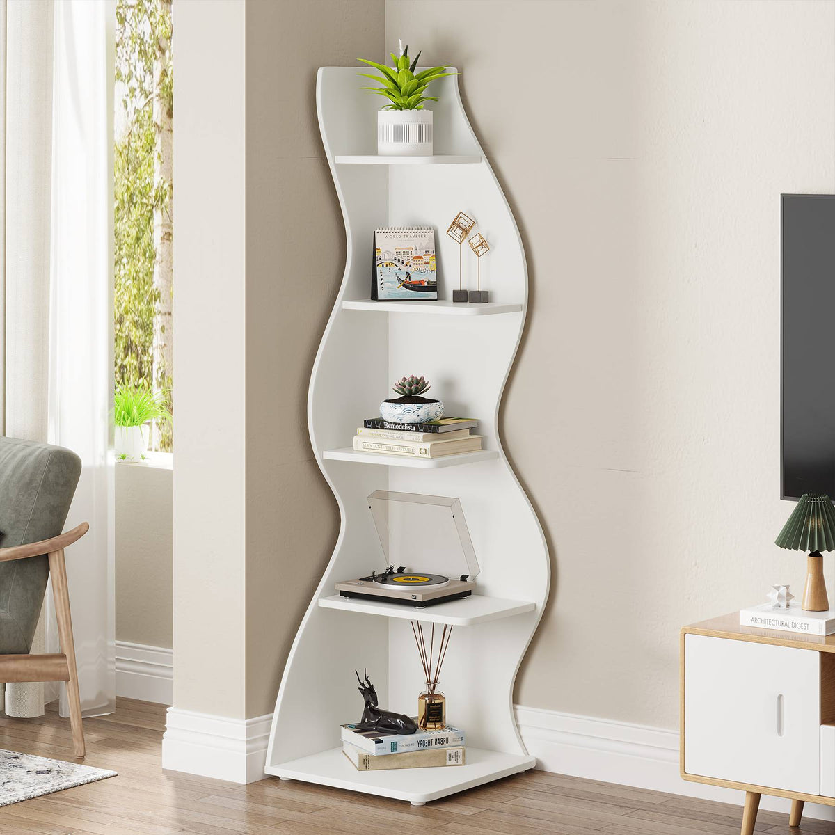 5-stöckiges Eckregal, modernes Eckbücherregal