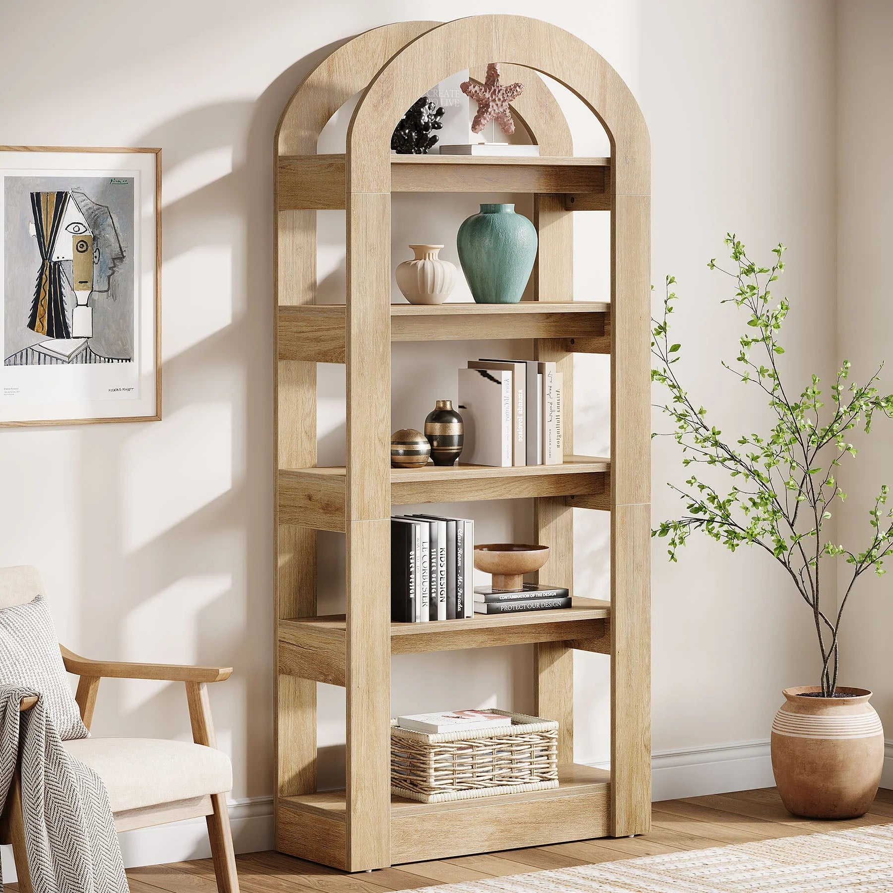 180 cm 5-stöckiges Bücherregal aus Holz mit Bogenform