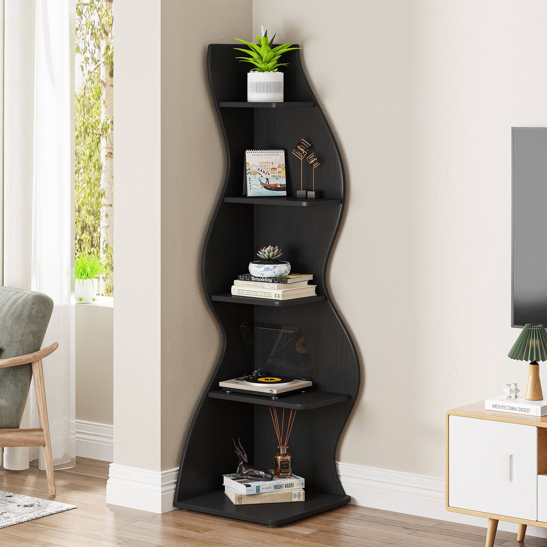 5 - Tier Corner Shelf, Modern Wall Corner Bookshelf Bookcase Tribesigns