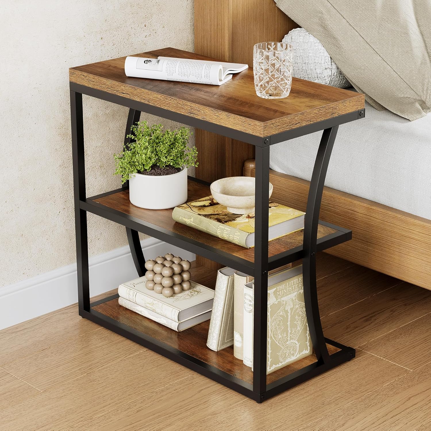 50 cm Landhaus-Beistelltisch schmal - Metallgestell mit Holzplatte,