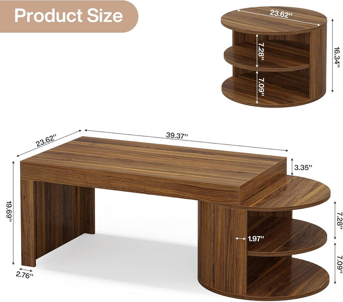 130 cm modern-rustikaler Couchtisch mit Rillendesign-Basis & 2 Ablageebenen