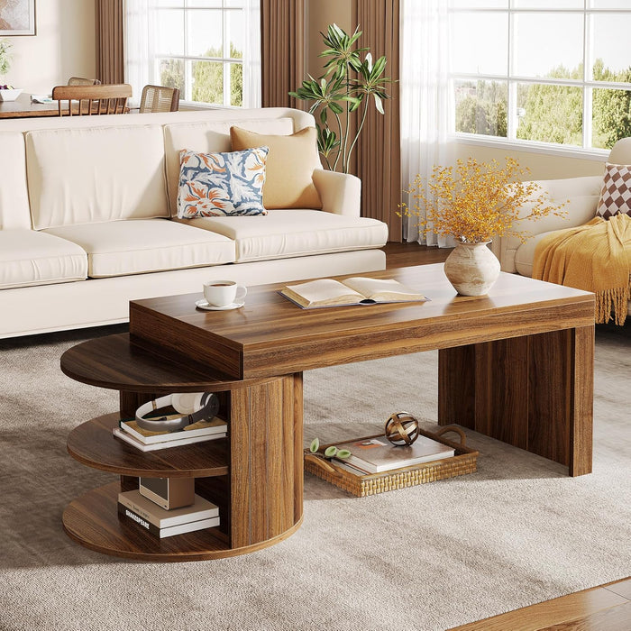 130 cm modern-rustikaler Couchtisch mit Rillendesign-Basis & 2 Ablageebenen