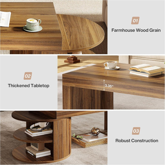 130 cm modern-rustikaler Couchtisch mit Rillendesign-Basis & 2 Ablageebenen