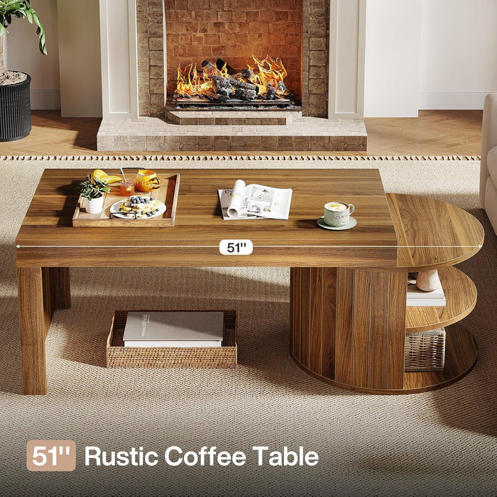 130 cm modern-rustikaler Couchtisch mit Rillendesign-Basis & 2 Ablageebenen