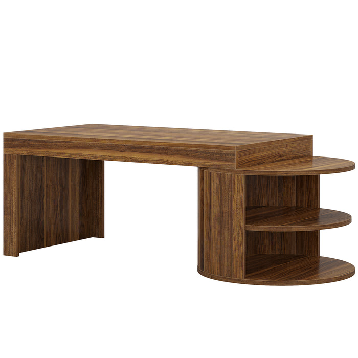 130 cm modern-rustikaler Couchtisch mit Rillendesign-Basis & 2 Ablageebenen