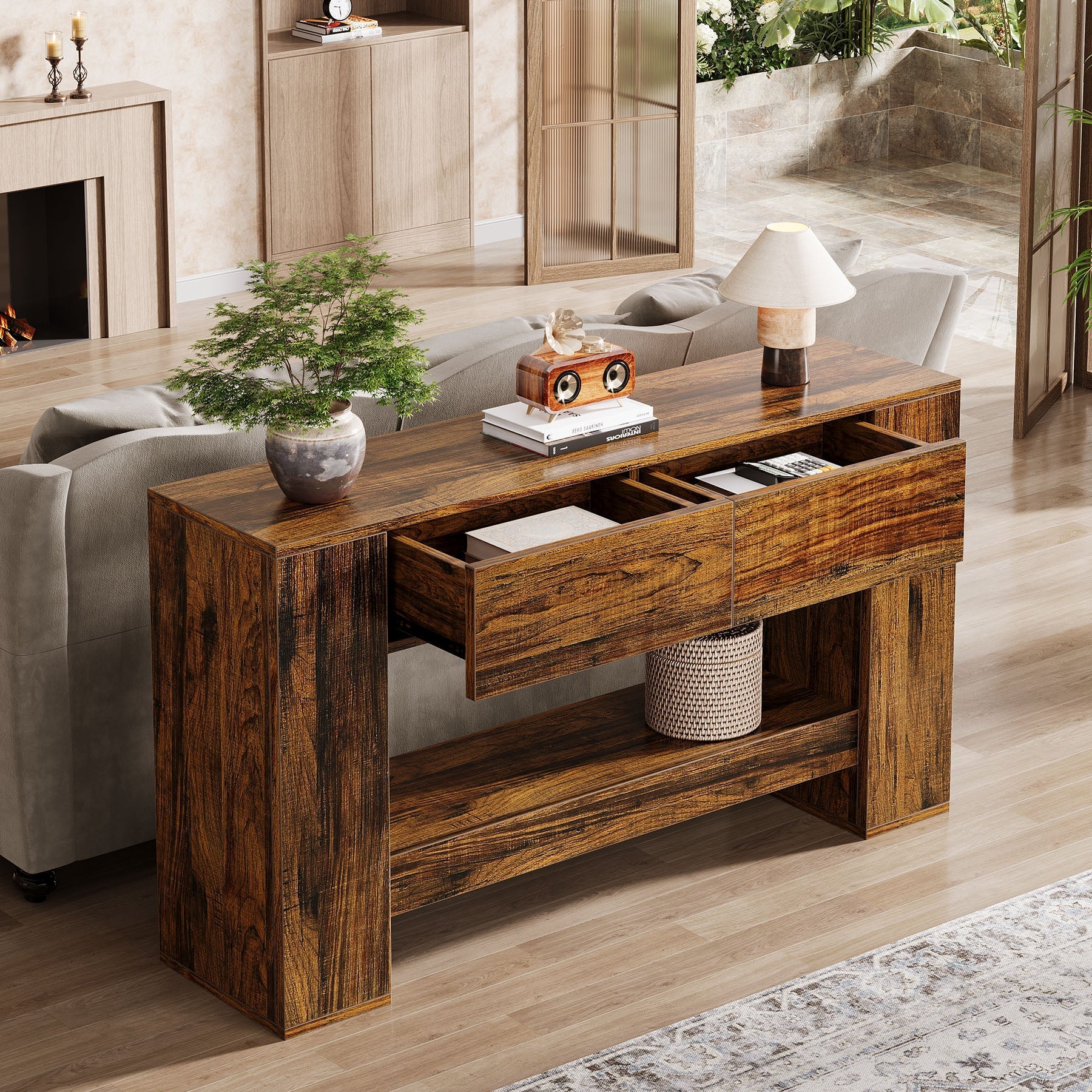 140 cm Konsolentisch, 2-stufiger Sofatisch aus Holz mit 2 Schubladen