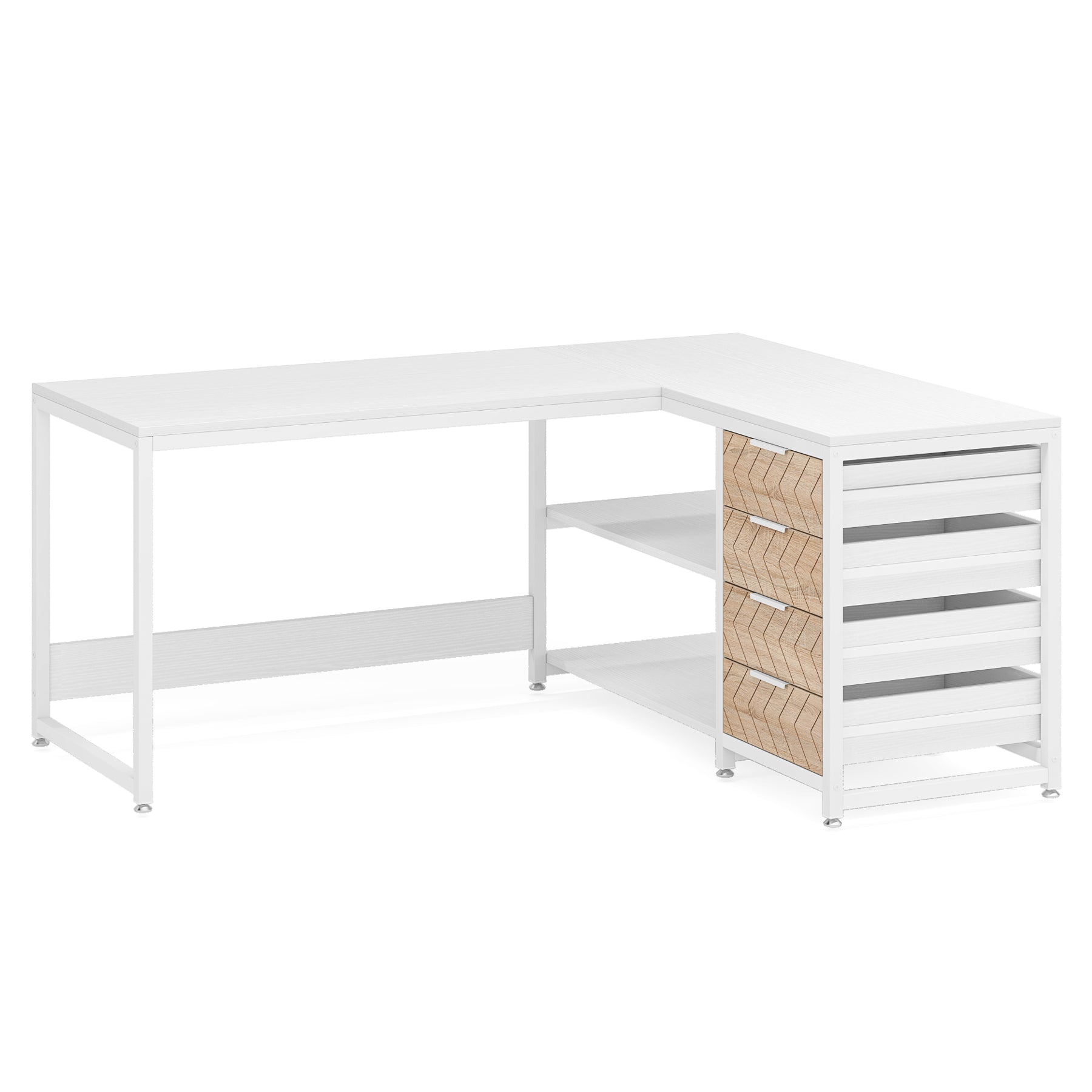150 cm L-förmiger Schreibtisch, umkehrbarer Eckschreibtisch mit Schubladen und Regalen