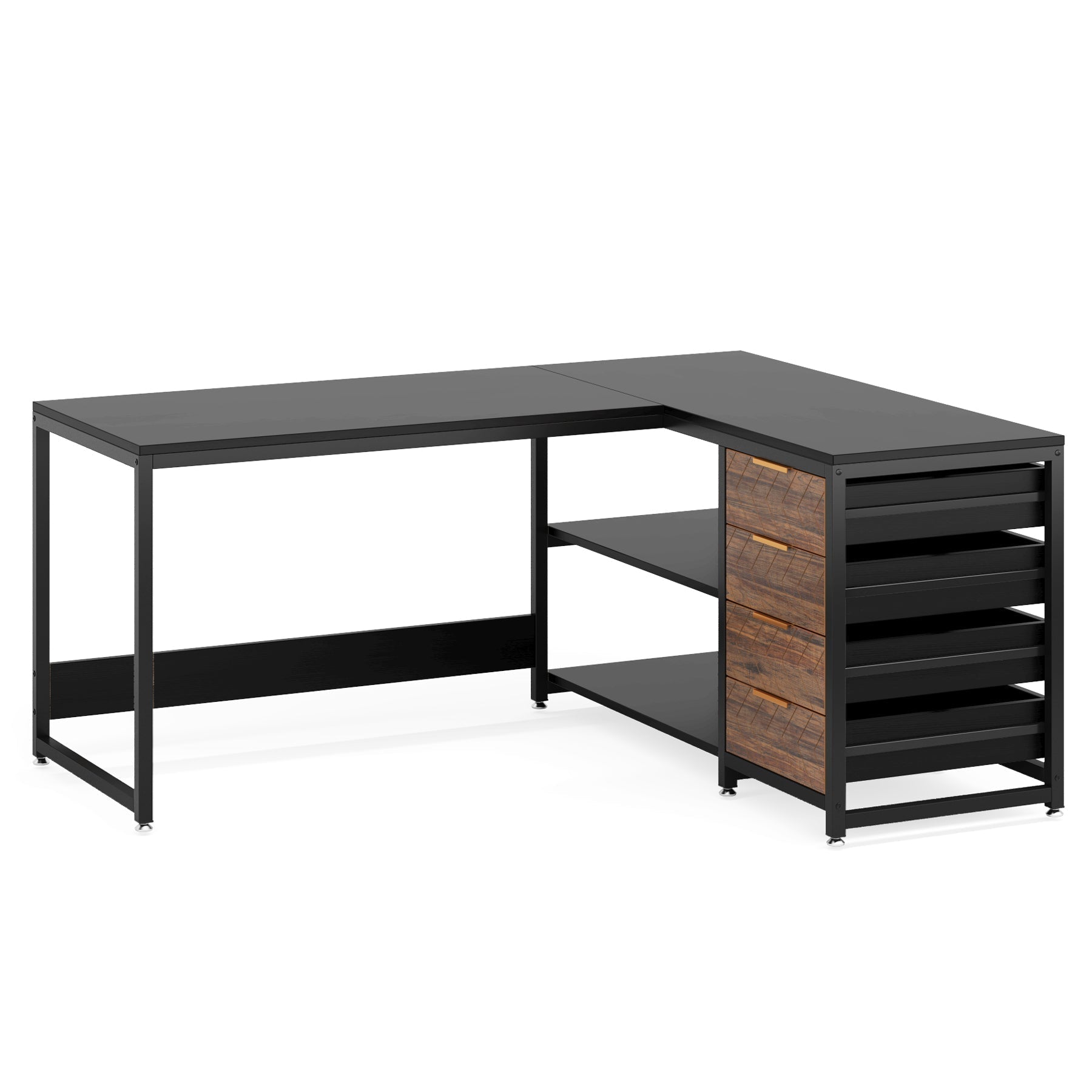 150 cm L-förmiger Schreibtisch, umkehrbarer Eckschreibtisch mit Schubladen und Regalen