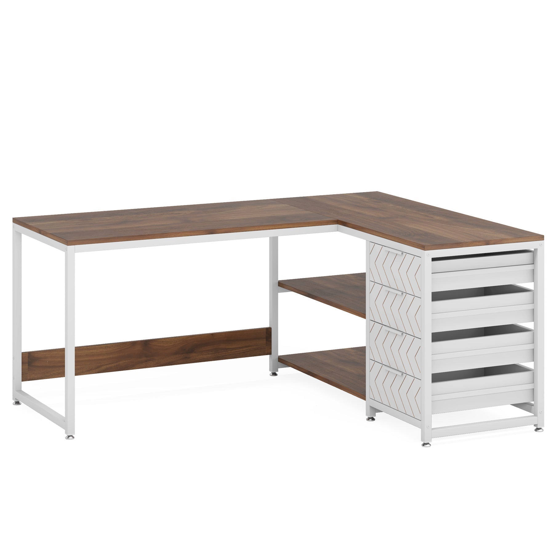 150 cm L-förmiger Schreibtisch, umkehrbarer Eckschreibtisch mit Schubladen und Regalen