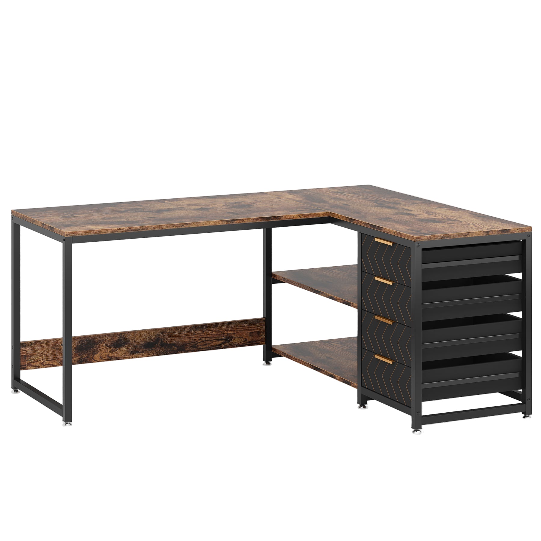 59" L-Shaped Desk, Reversible Corner Desk with Drawers & Shelves Tribesigns#Farbe_Braun
