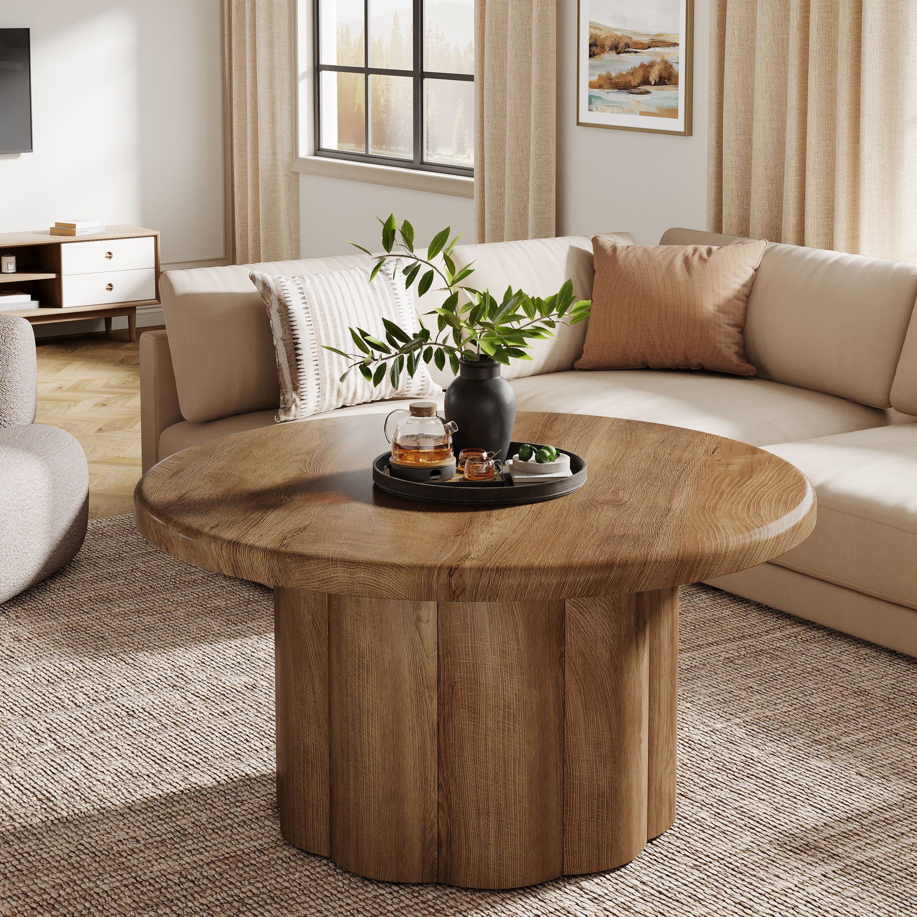 80 cm Couchtisch Rund, Landhaus Design Wohnzimmertisch mit Riffelbasis in Braun