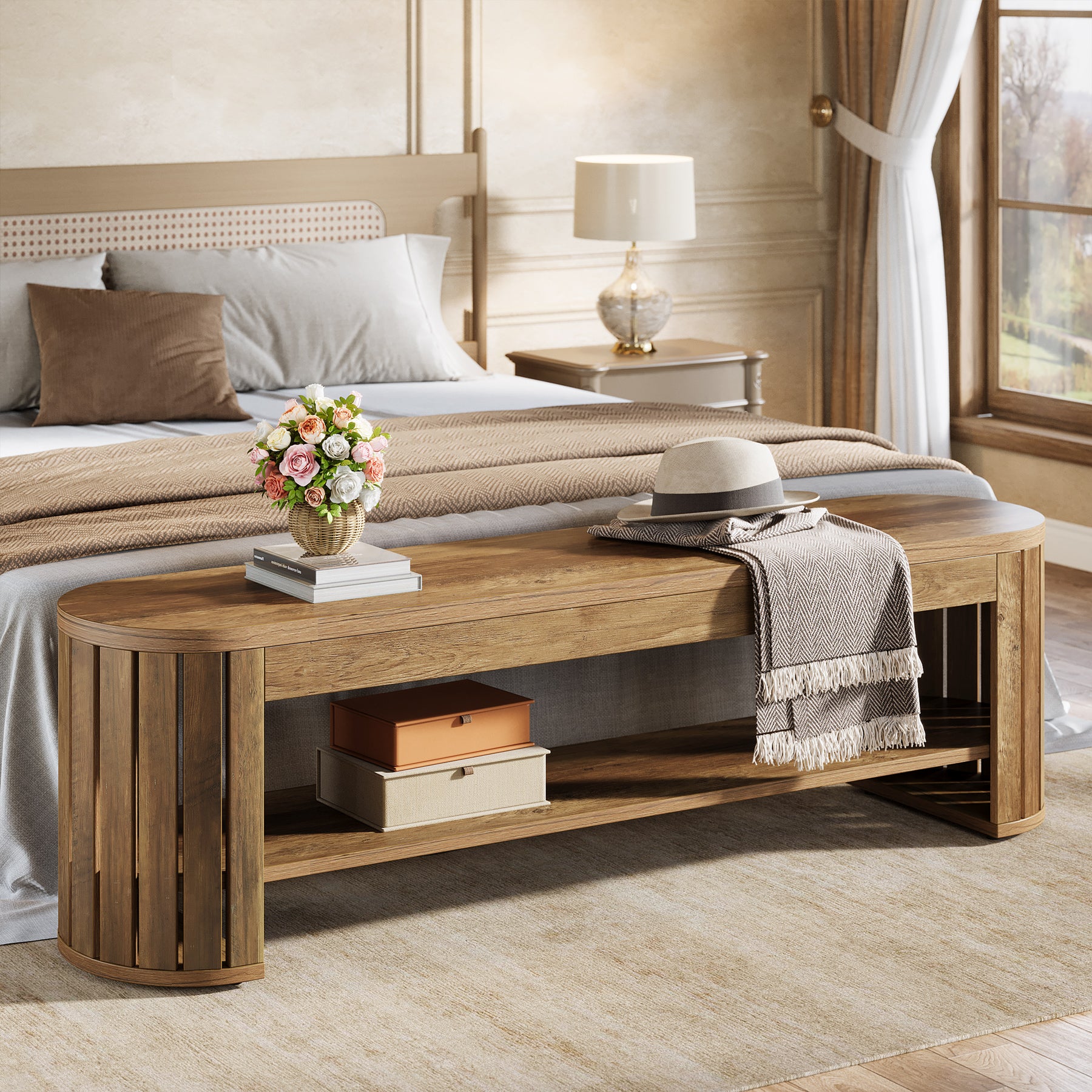 Schuhbank aus Holz mit Stauraum, 160 cm Lange 2-stufige Sitzbank für Flur, Schlafzimmer und Wohnzimmer