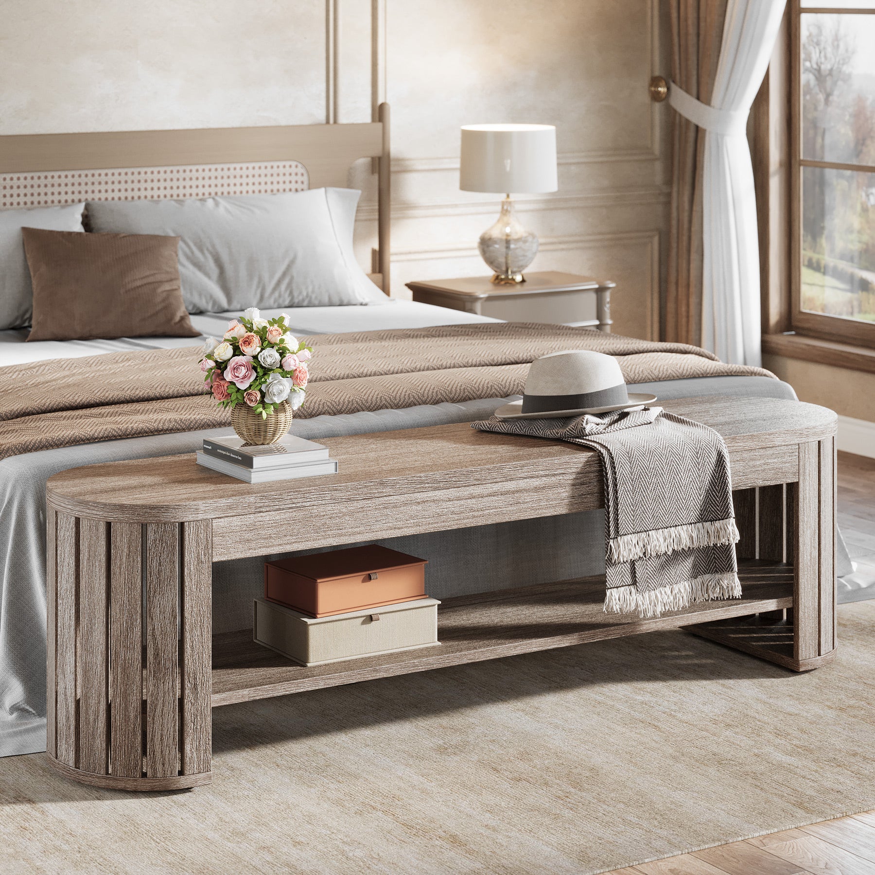 Schuhbank aus Holz mit Stauraum, 160 cm Lange 2-stufige Sitzbank für Flur, Schlafzimmer und Wohnzimmer