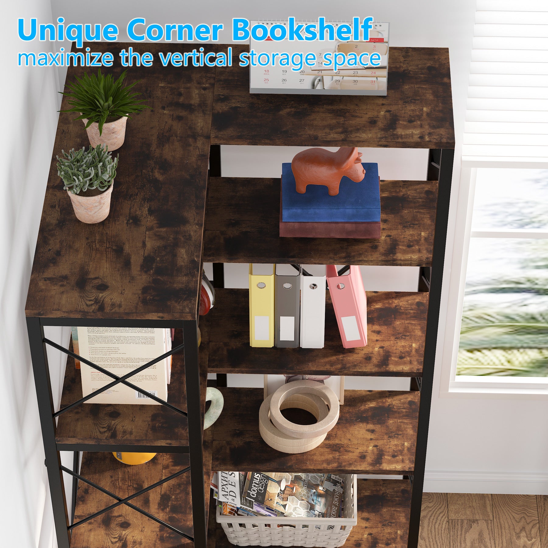 Großes modernes 5-stöckiges hohes Eckregal mit Metallrahmen