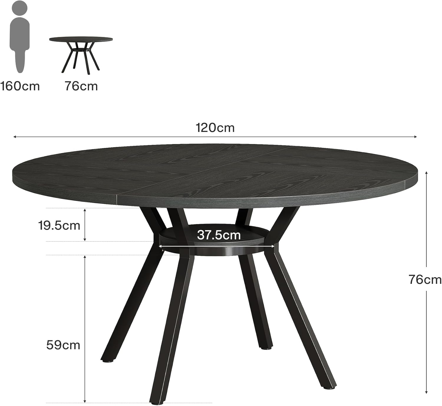 120 cm Runder Esstisch für 4 Personen, Küchentisch mit Metallgestell und Ablagefach