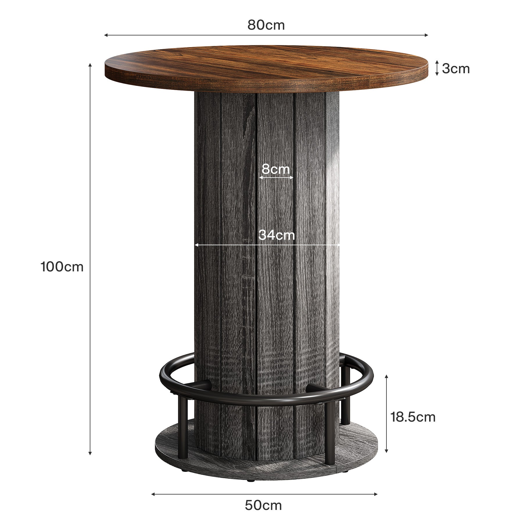 80 cm Runder Esstisch mit Holzstreifen-Basis - Kleiner Kreistisch mit Fußstütze in Braun für Küche & Minibar