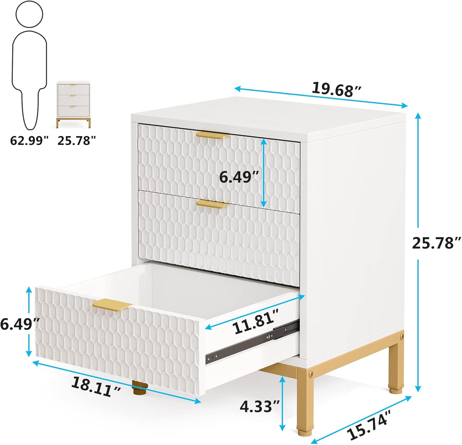 moderner Nachttisch 65.5cm hoher Nachttisch mit 3 Schubladen