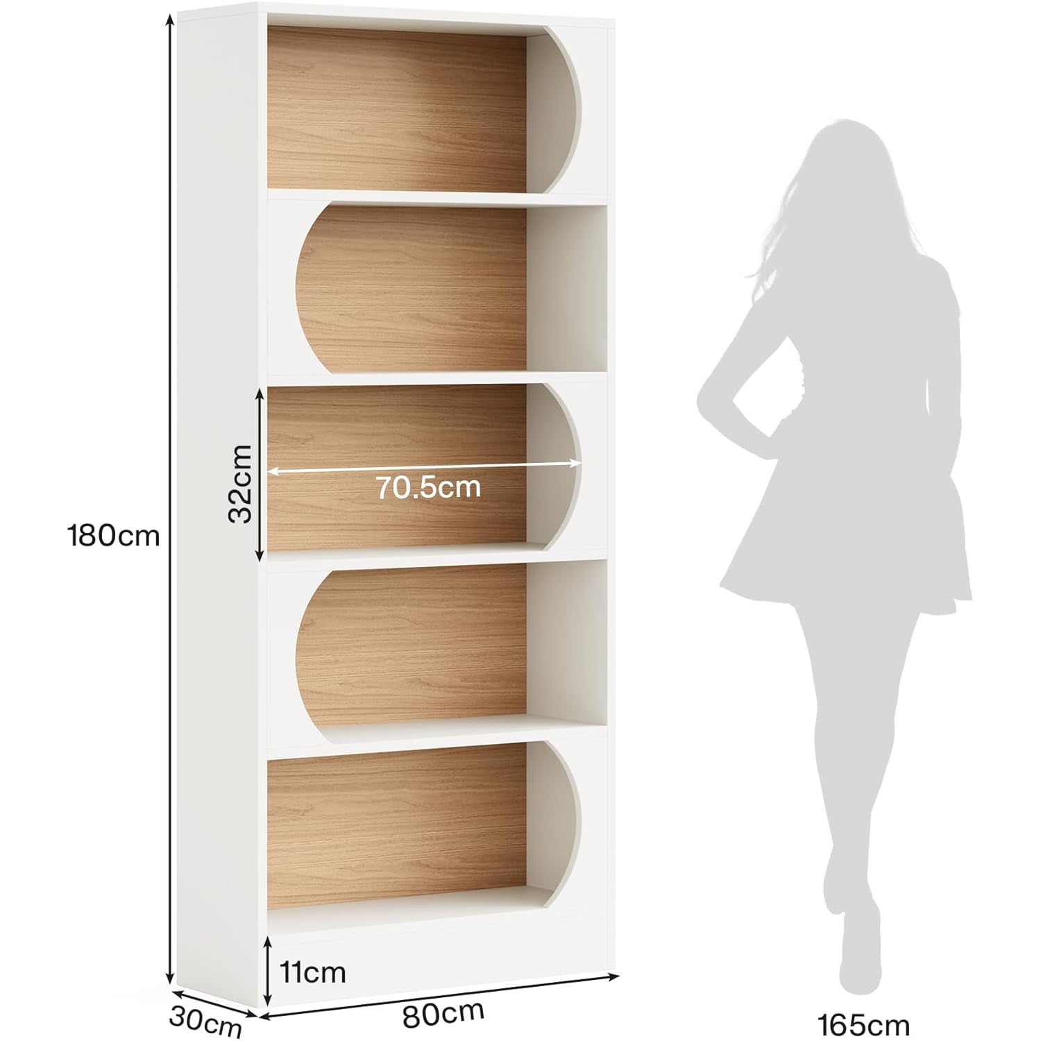 Modernes 5-stöckiges Bücherregal, 180 cm Höhe, freistehendes Design