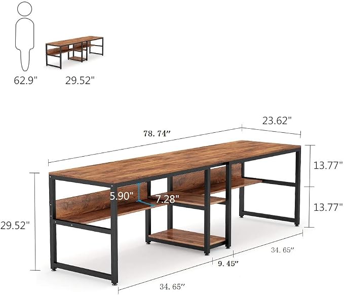 200 cm Zwei-Personen-Schreibtisch, Computertisch, Doppelarbeitsplatz mit Regalen
