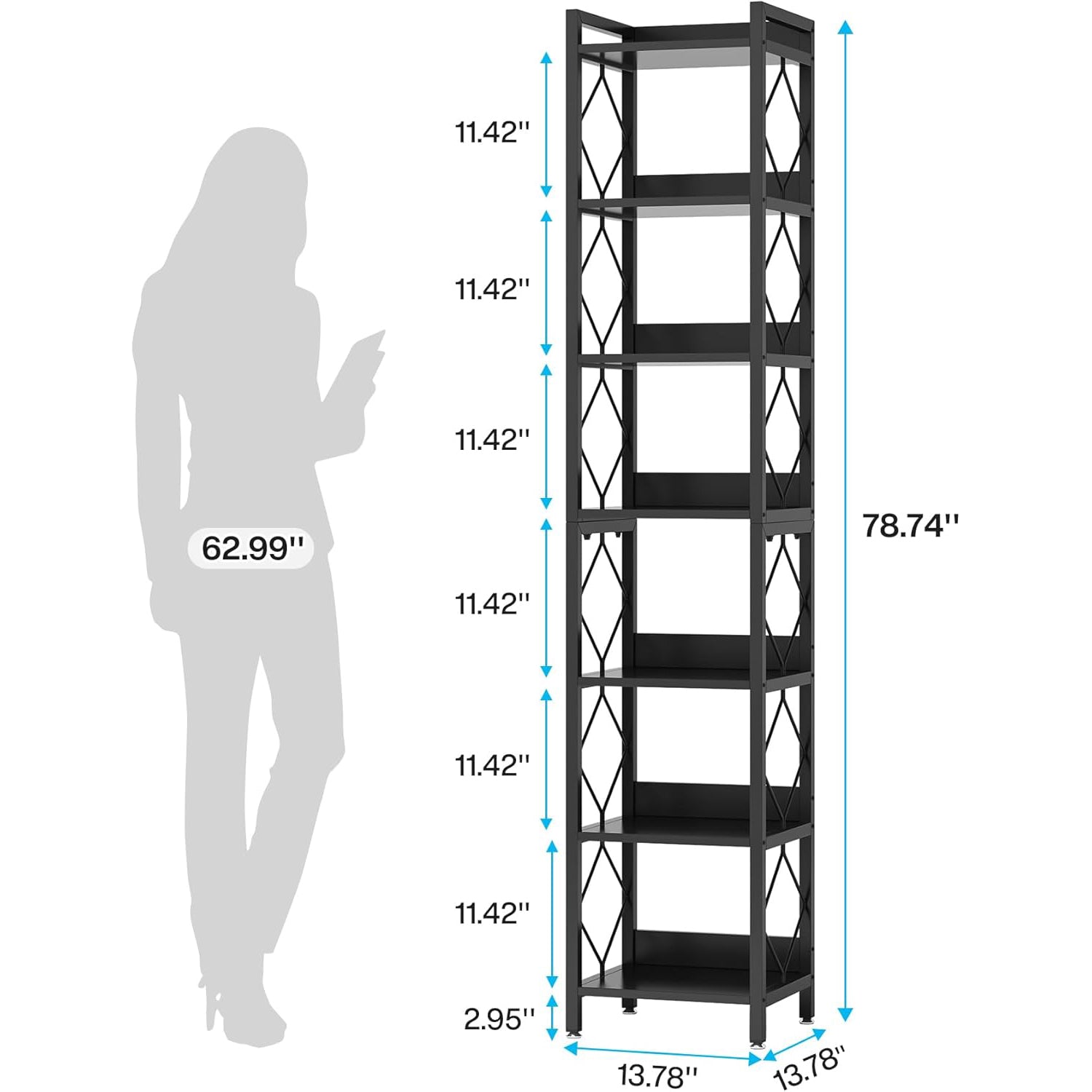 Schwarz 7-stöckiges schmales Bücherregal, freistehendes Präsentationsregal