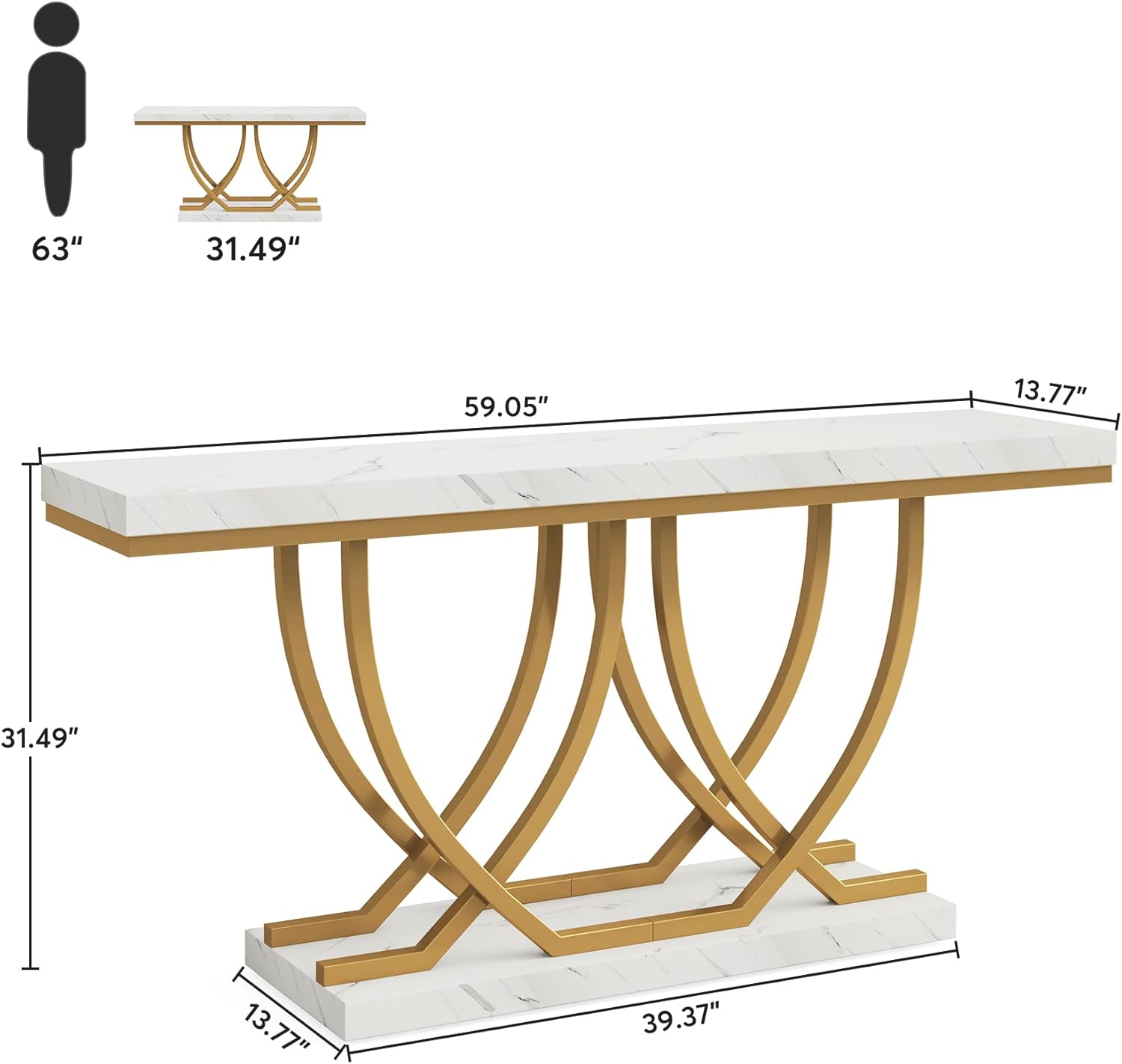 Moderner weiß-goldener Konsolentisch mit goldenen Metallbeinen, Kunstmarmor, schmal