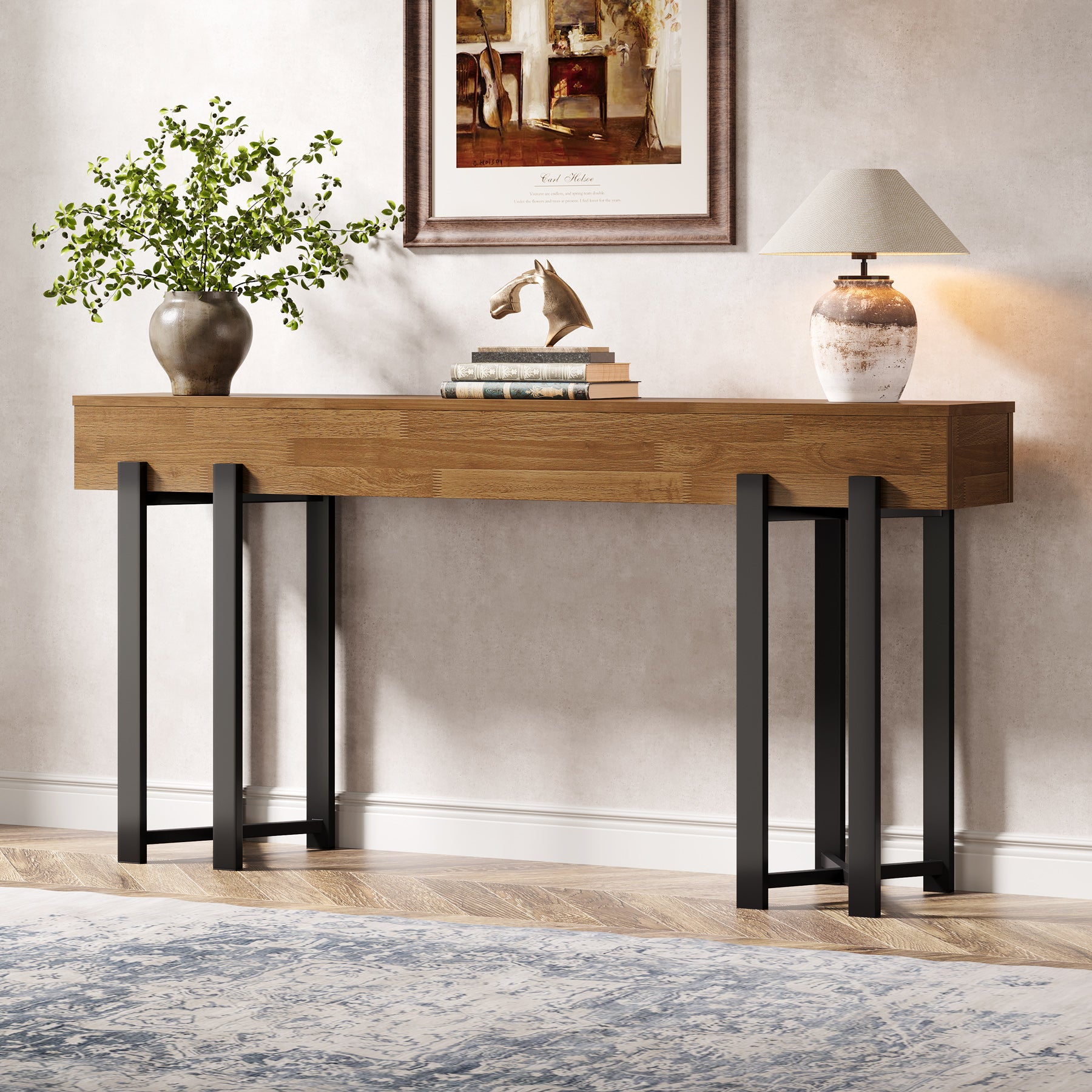 Robuster Landhaus Konsolentisch, 160 cm schmal mit Metallgestell für Flur und Home-Office