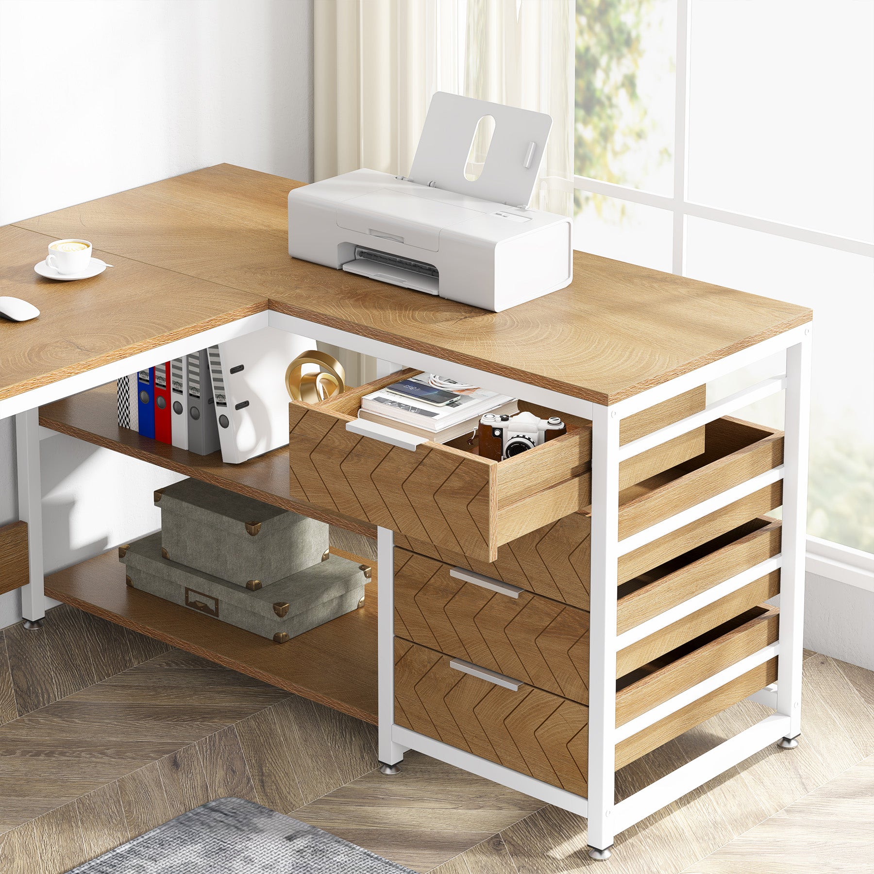 150 cm L-förmiger Schreibtisch, umkehrbarer Eckschreibtisch mit Schubladen und Regalen