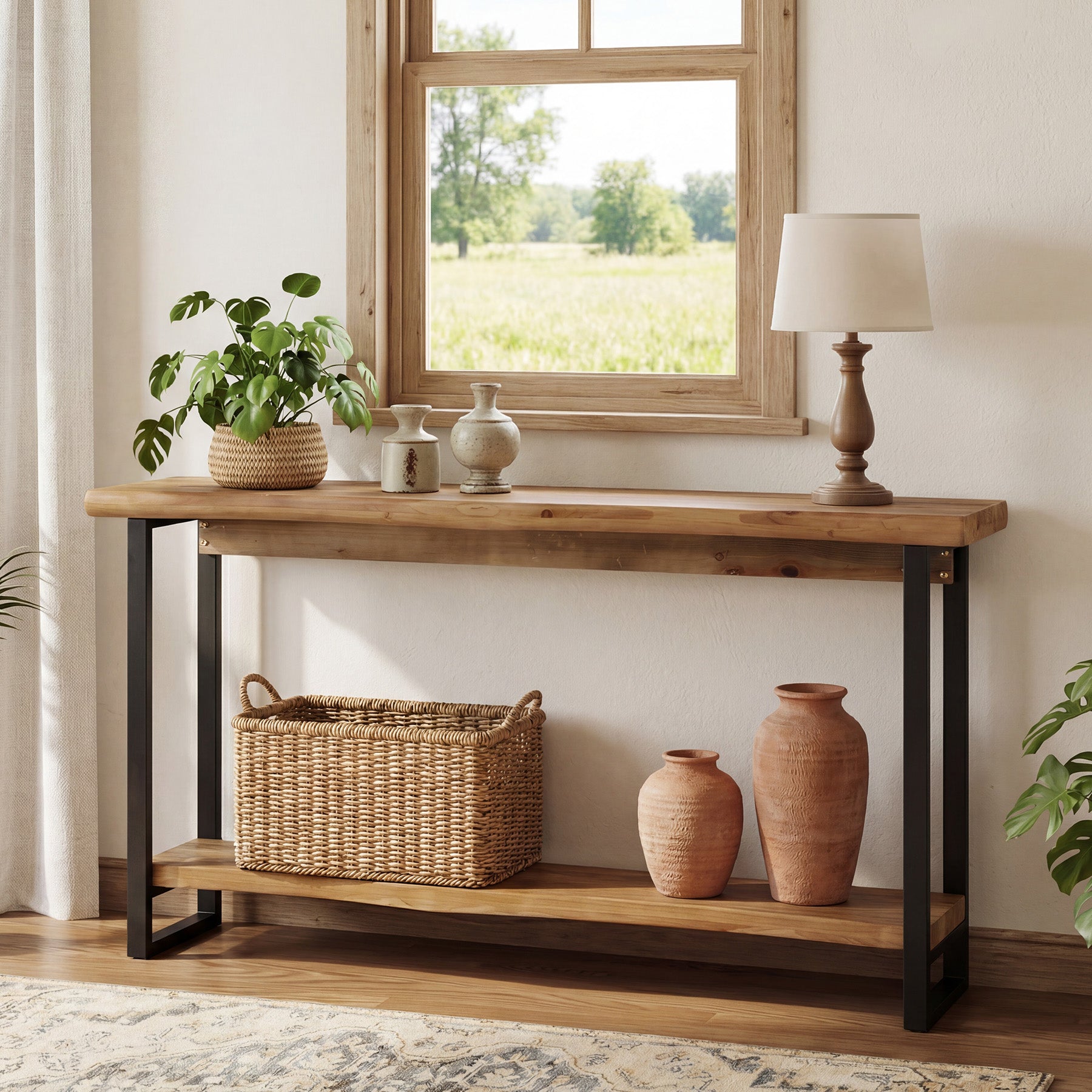 Massivholz Konsole 160 cm mit Baumkante, 2-stufiger Sofatisch hinter Couch mit Metallbeinen