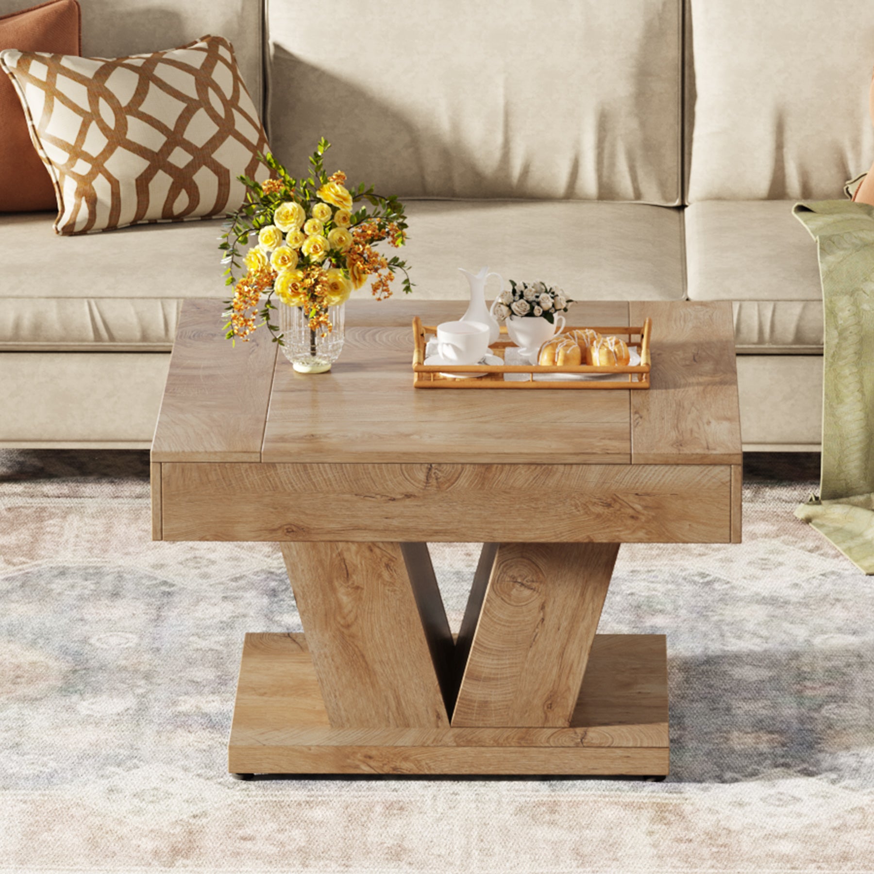 Couchtisch aus Holz, 80cm moderner Mitteltisch, Cocktail-Teetisch