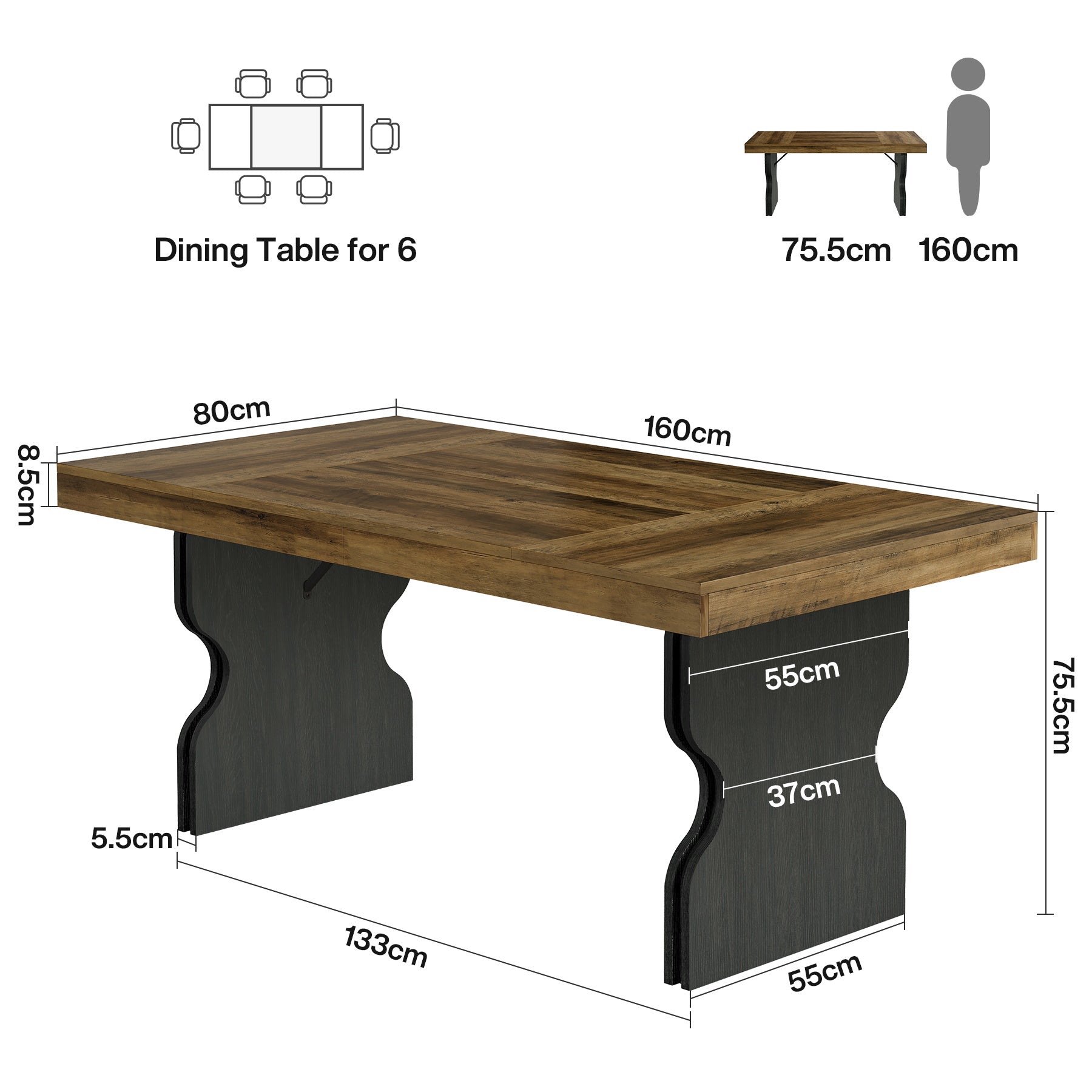 160 cm Landhaus-Schreibtisch - Bürotisch mit Sanduhr-Beinen in Braun & Schwarz