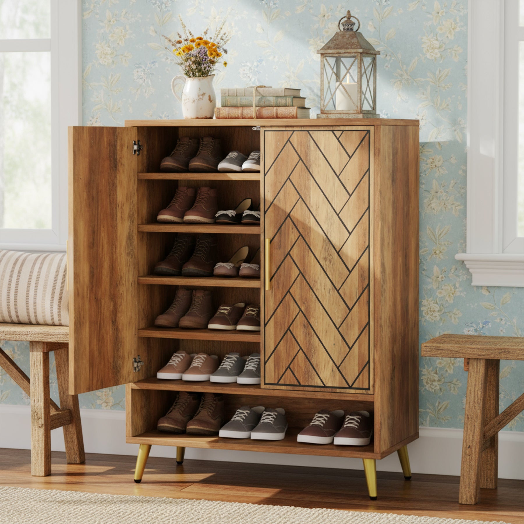 Schuhschrank aus Holz, 6-stöckiger Schuh-Organizer mit verstellbaren Regalen