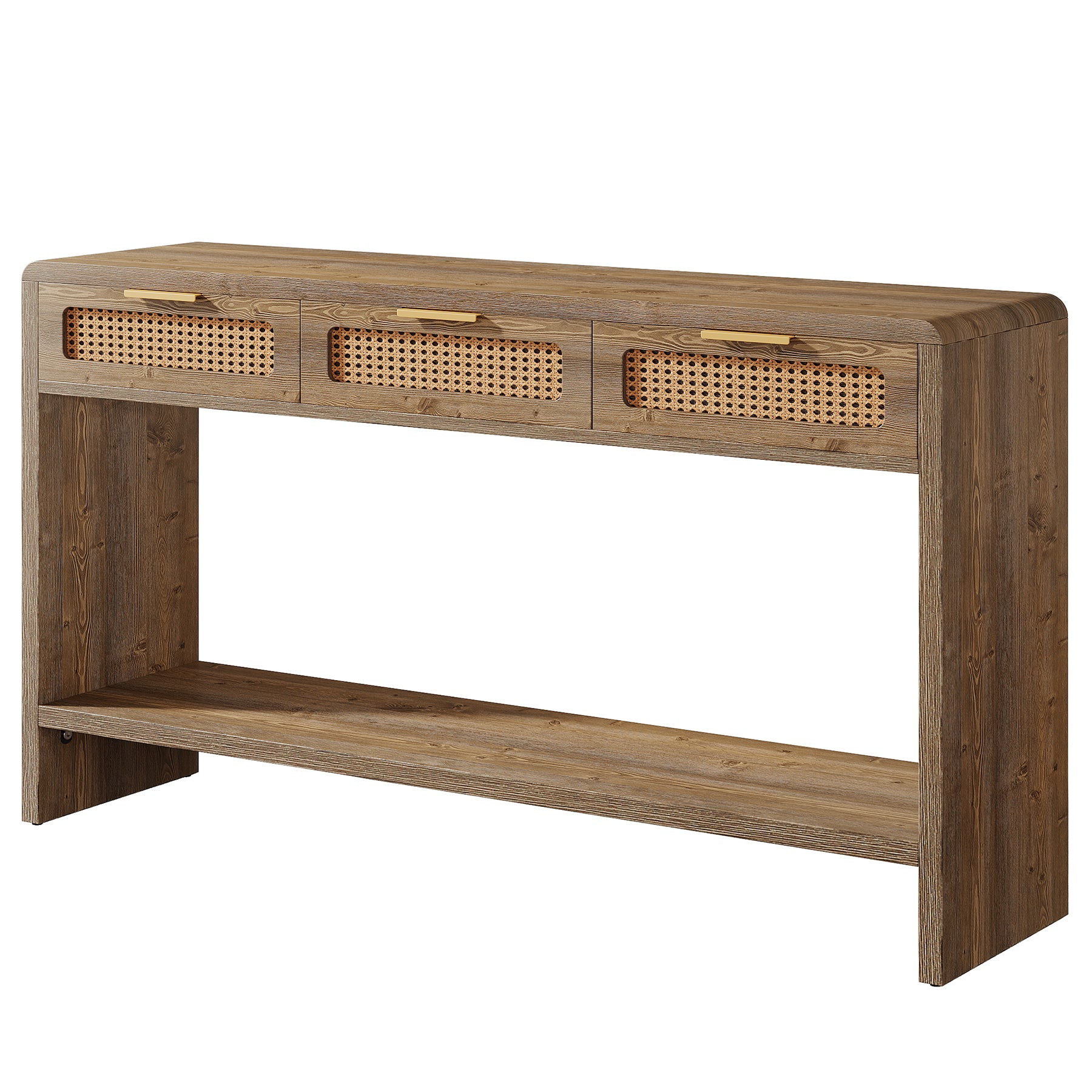 140 cm Konsolentisch mit 3 Rattanschubladen, Schmaler Sofatisch mit 2 Ablageflächen