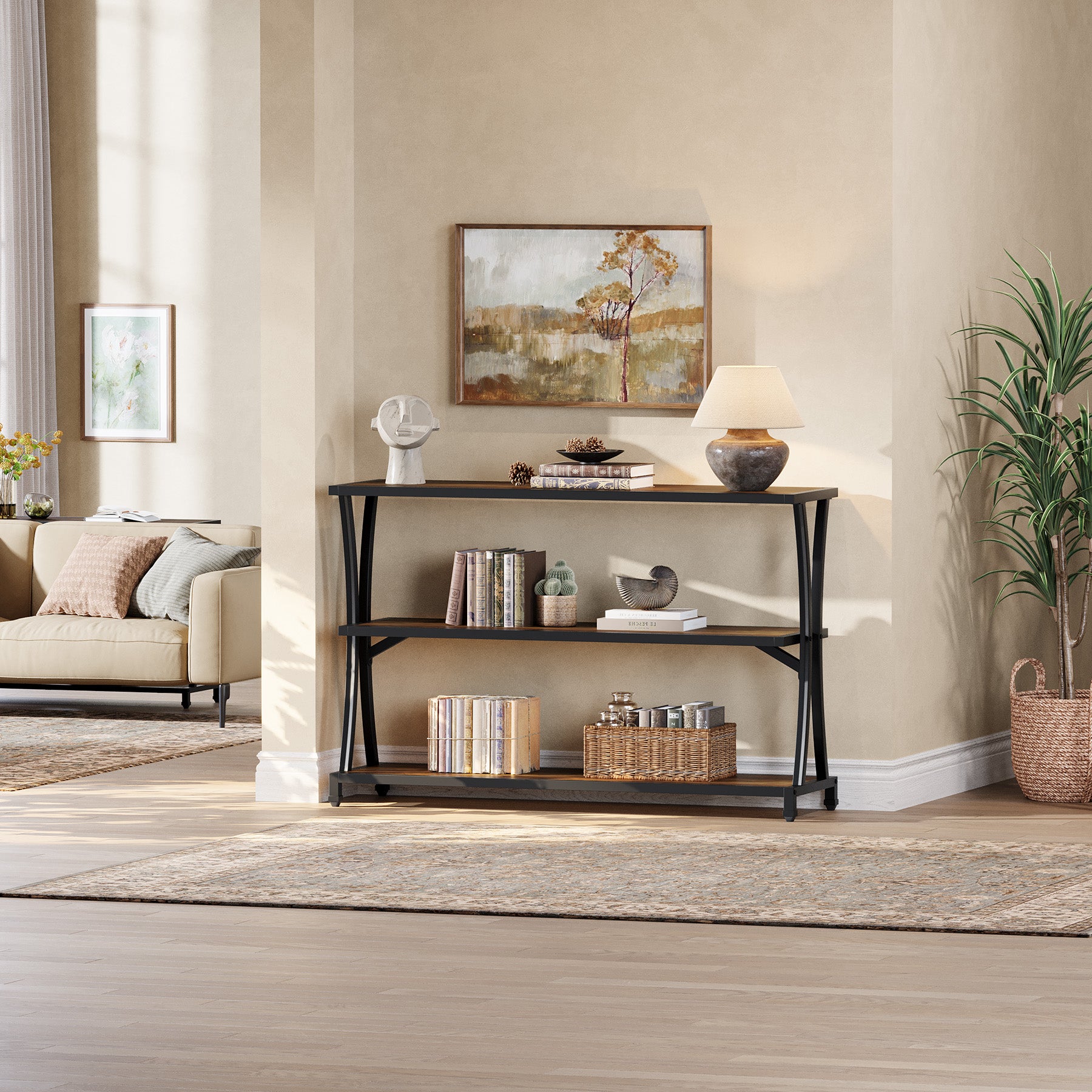Schmaler Konsolentisch im Industrial-Stil mit 3 Ablagen, Flur- und Sofatisch in Holzoptik mit stabilem Metallrahmen