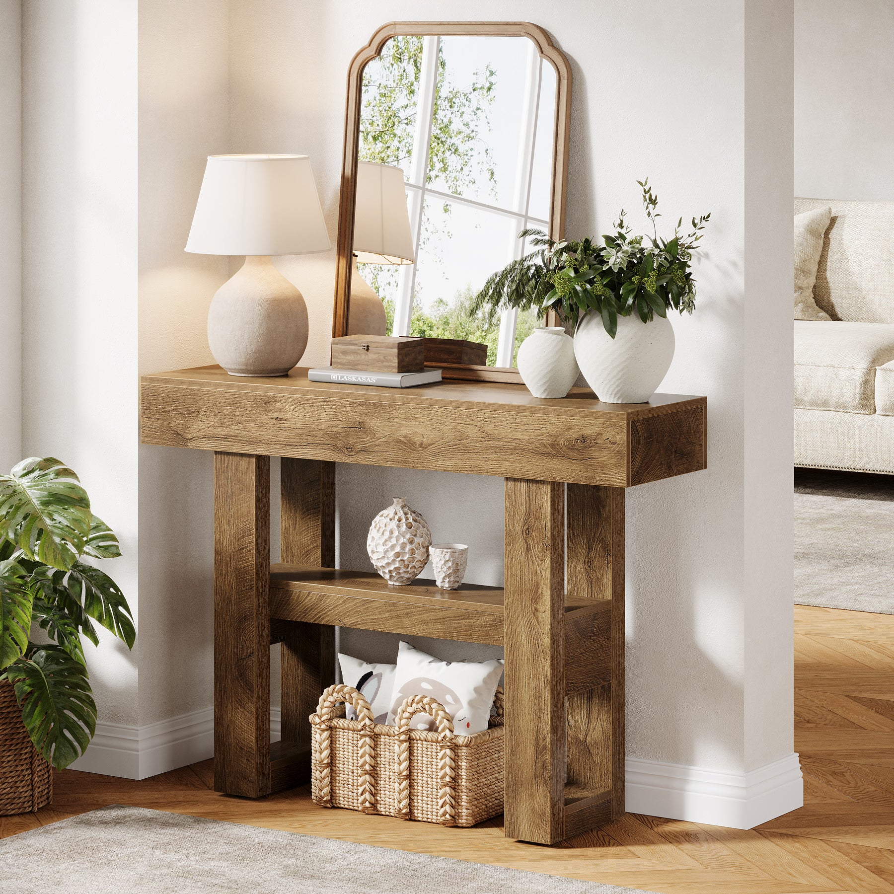 105 cm Farmhouse Konsoletisch mit 2 Ebenen - Schmaler Flurtisch in Rustikalbraun mit Ablagefächern
