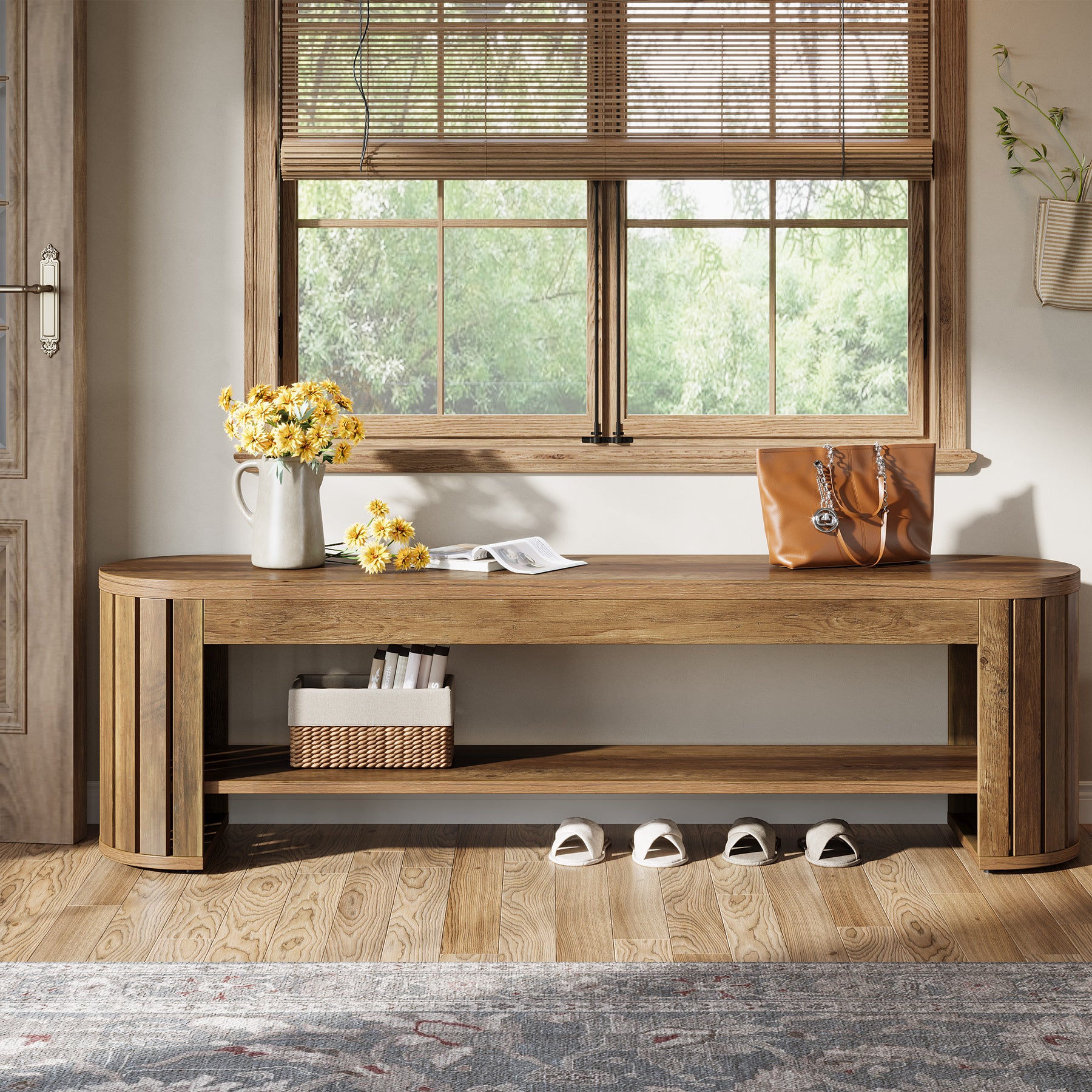 Schuhbank aus Holz mit Stauraum, 160 cm Lange 2-stufige Sitzbank für Flur, Schlafzimmer und Wohnzimmer