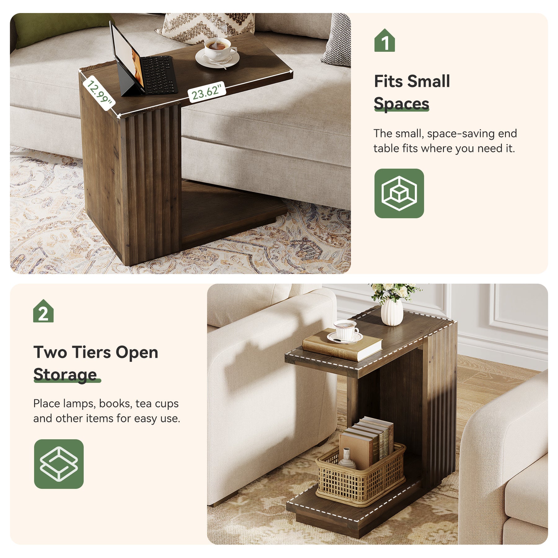 Tribesigns Massivholz Beistelltisch C-Form mit 2 Ablagen, Schmaler Nachttisch mit Rillen-Design