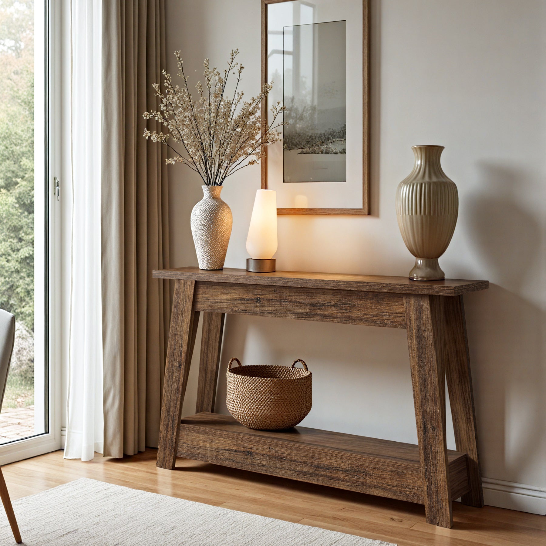 105 cm Farmhouse Konsolentisch mit 2 Ebenen Stauraum, Schmaler Sofatisch im Landhausstil