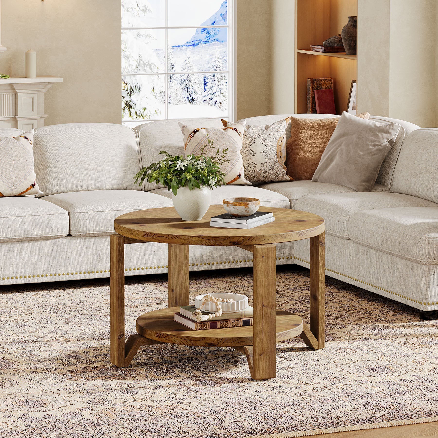 80 cm Sofatisch aus Massivholz, runder Tisch mit zwei Ebenen und strukturiertem Trommelfuß