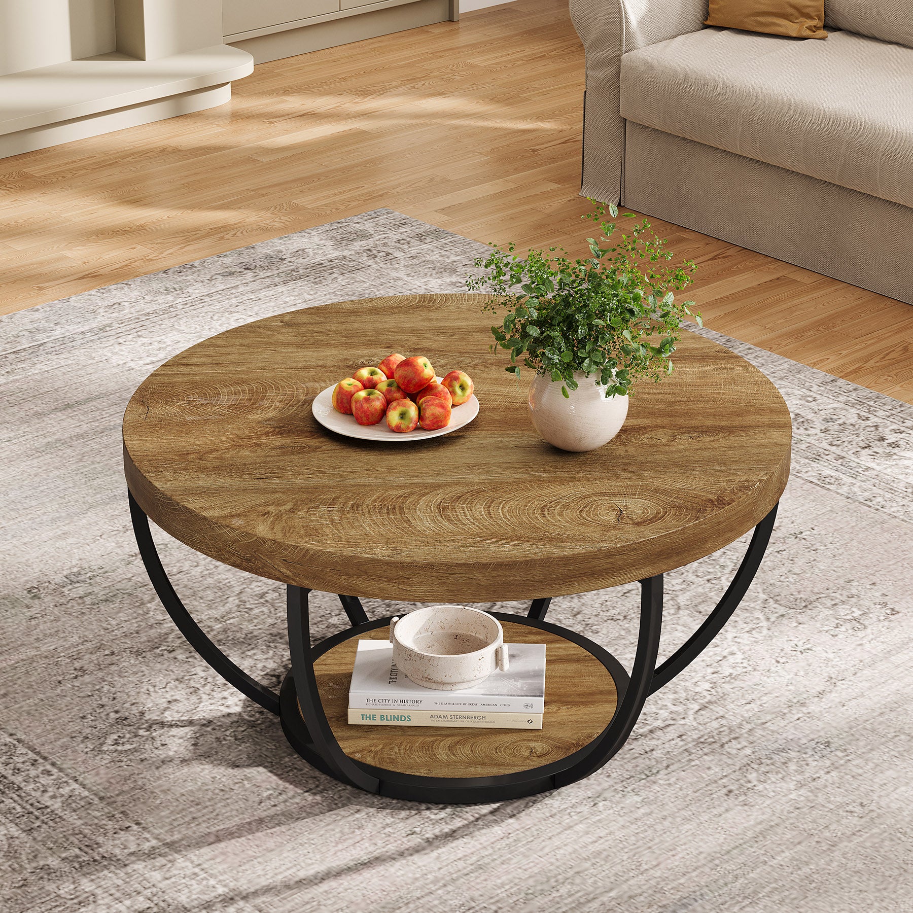 Runder Couchtisch 80 cm mit 2 Ablagen, Industrial Wohnzimmertisch, Moderner Sofatisch mit Stauraum