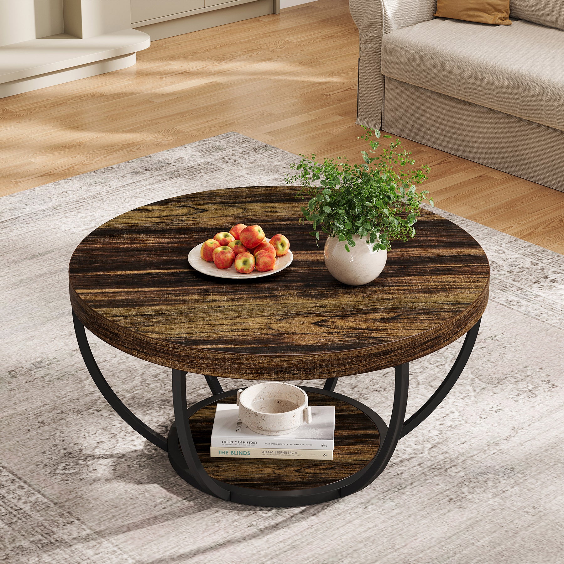 Runder Couchtisch 80 cm mit 2 Ablagen, Industrial Wohnzimmertisch, Moderner Sofatisch mit Stauraum