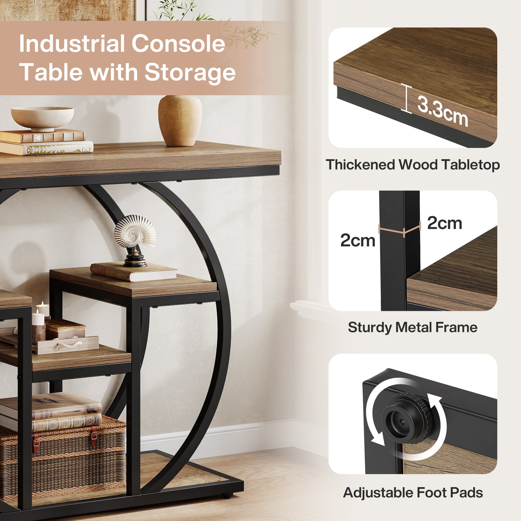 Tribesigns Konsolentisch 105 cm schmal mit 4 Ablagen, Industrial Sofatisch mit gebogenem Rahmen
